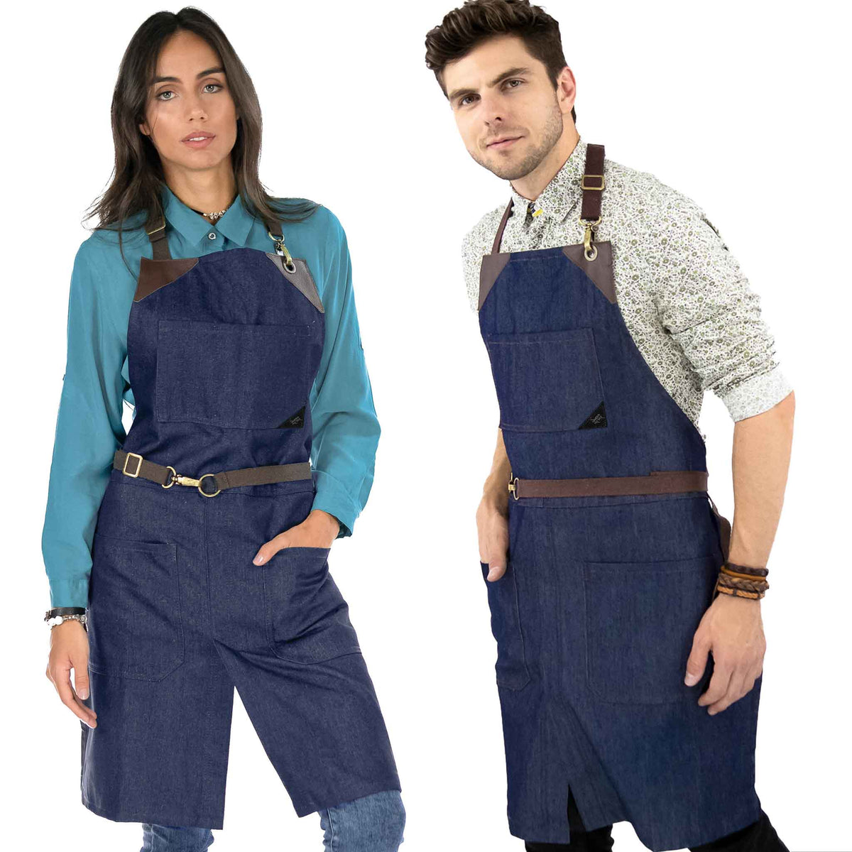 Denim Apron - Easy-Fastening, Leather Trim, Adjustable - Chef, Bartender, BBQ, Shop, Barber, Salon - Under NY Sky