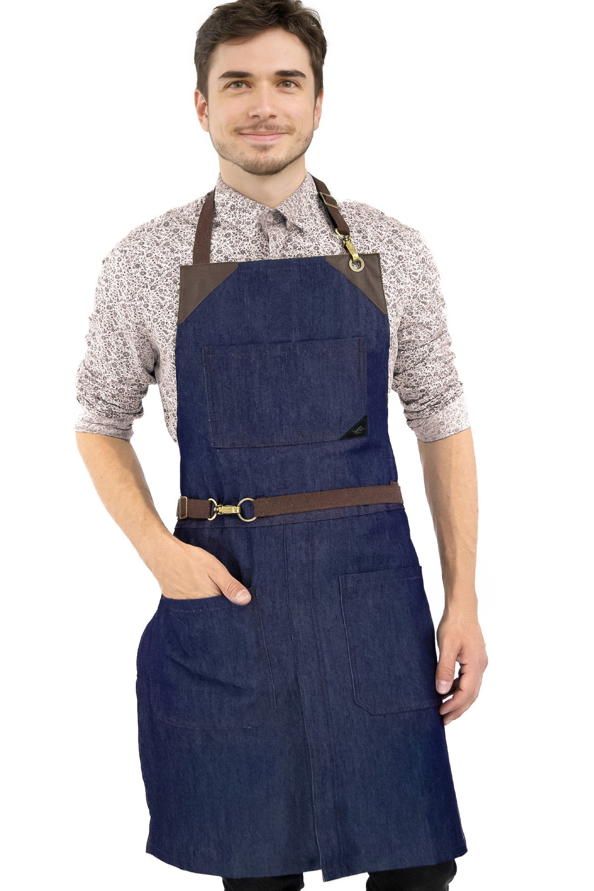 Avental Jeans - Sem Laço, Acabamento em Couro, Fenda na Perna- Chef, Bartender, Churrasco, Loja, Barbeiro, Salão - Under NY Sky