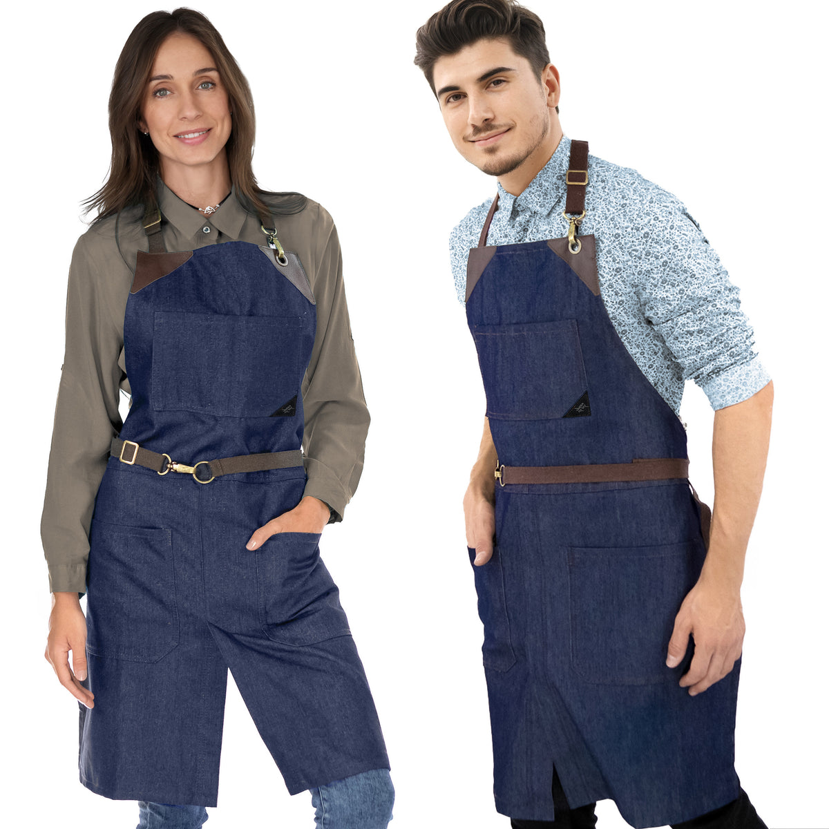 Avental Jeans - Sem Laço, Acabamento em Couro, Fenda na Perna- Chef, Bartender, Churrasco, Loja, Barbeiro, Salão - Under NY Sky