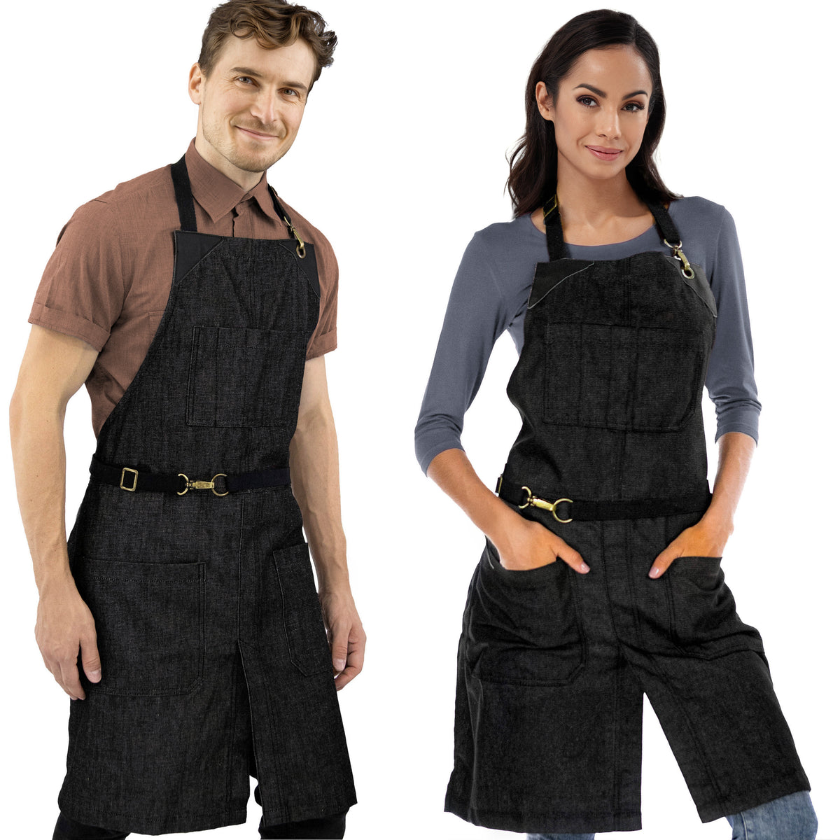 Avental Jeans - Sem Laço, Acabamento em Couro, Fenda na Perna- Chef, Bartender, Churrasco, Loja, Barbeiro, Salão - Under NY Sky