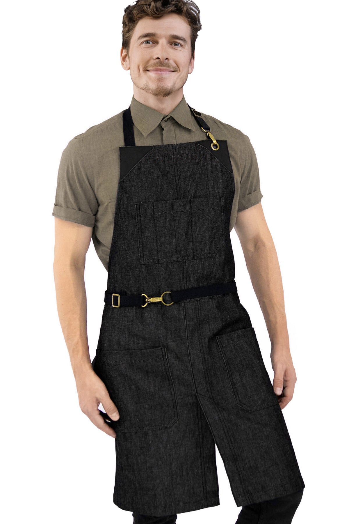 Avental Jeans - Sem Laço, Acabamento em Couro, Fenda na Perna- Chef, Bartender, Churrasco, Loja, Barbeiro, Salão - Under NY Sky