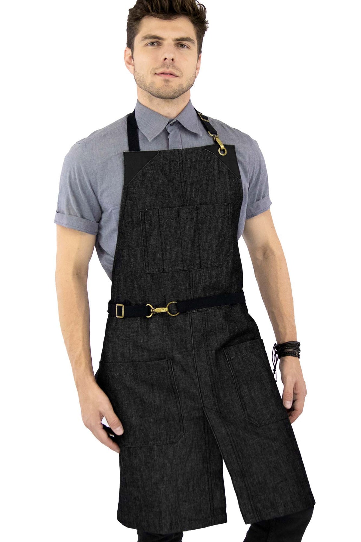 Denim Apron - Easy-Fastening, Leather Trim, Adjustable - Chef, Bartender, BBQ, Shop, Barber, Salon - Under NY Sky