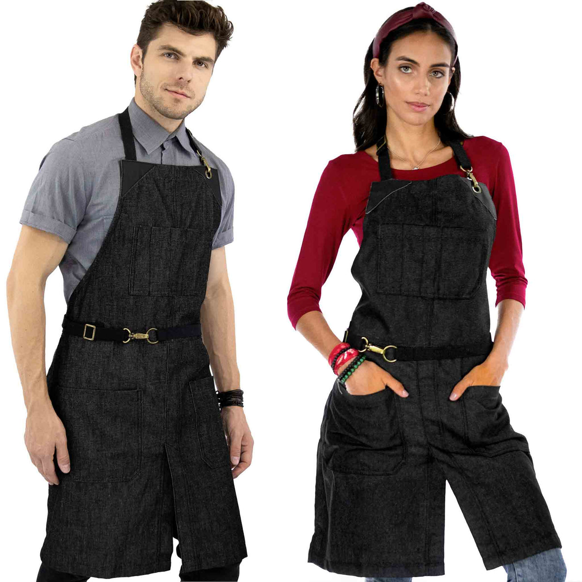 Denim Apron - Easy-Fastening, Leather Trim, Adjustable - Chef, Bartender, BBQ, Shop, Barber, Salon - Under NY Sky