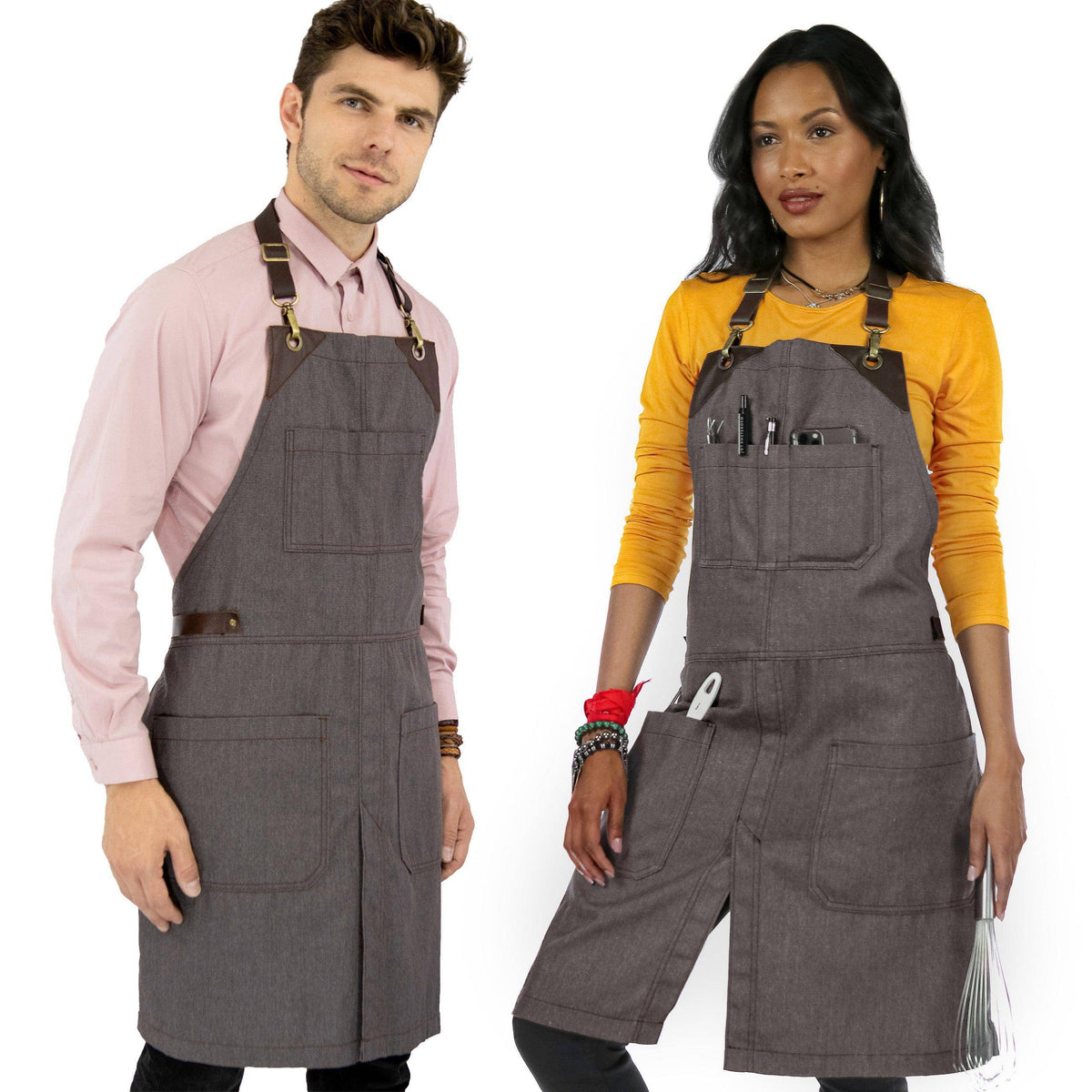 Leather Straps Apron - Twill - Easy-Fastening No-Tie - Chef, Bartender, Shop, Barista - Under NY Sky