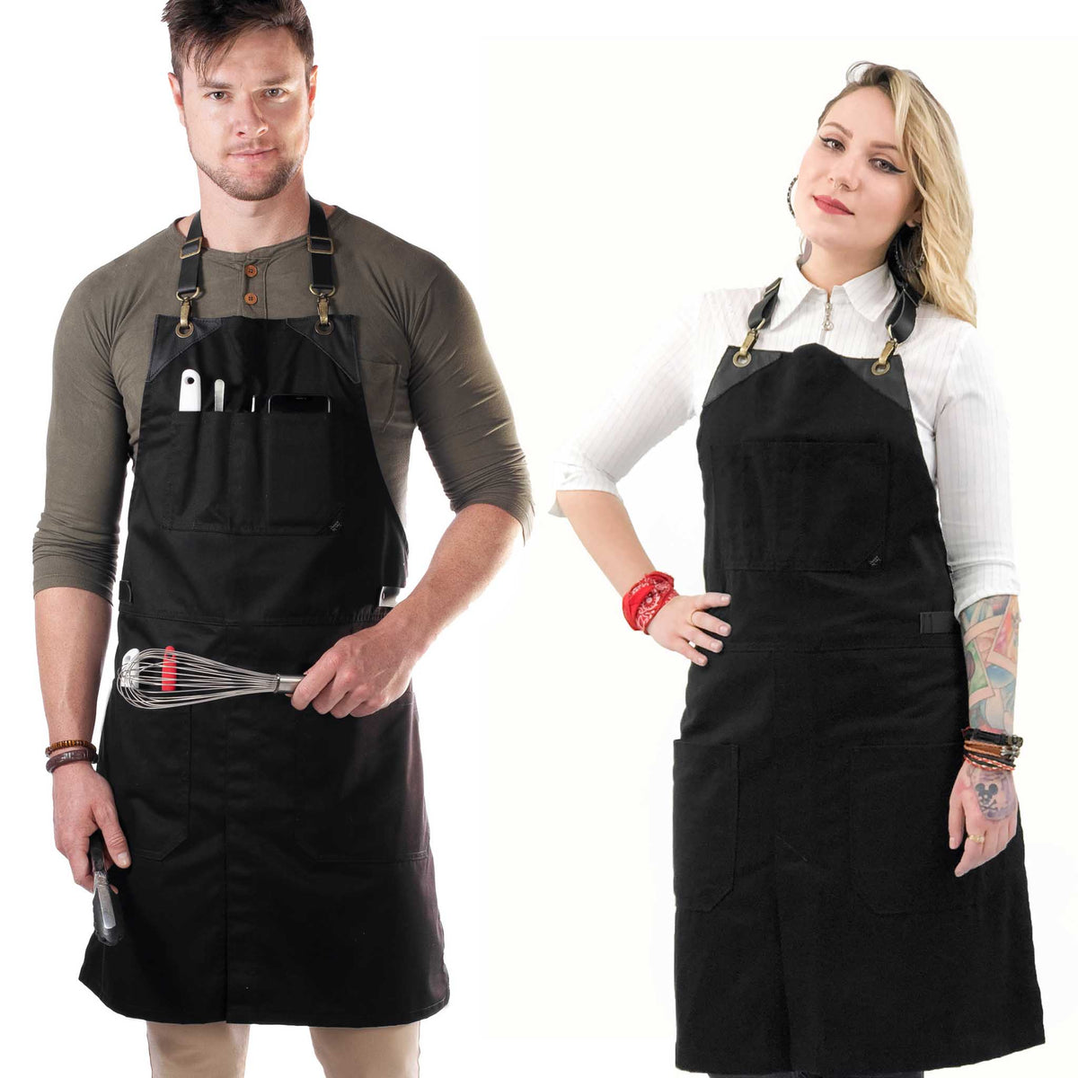 Leather Straps Apron - Twill - Easy-Fastening No-Tie - Chef, Bartender, Shop, Barista  -  Under NY Sky