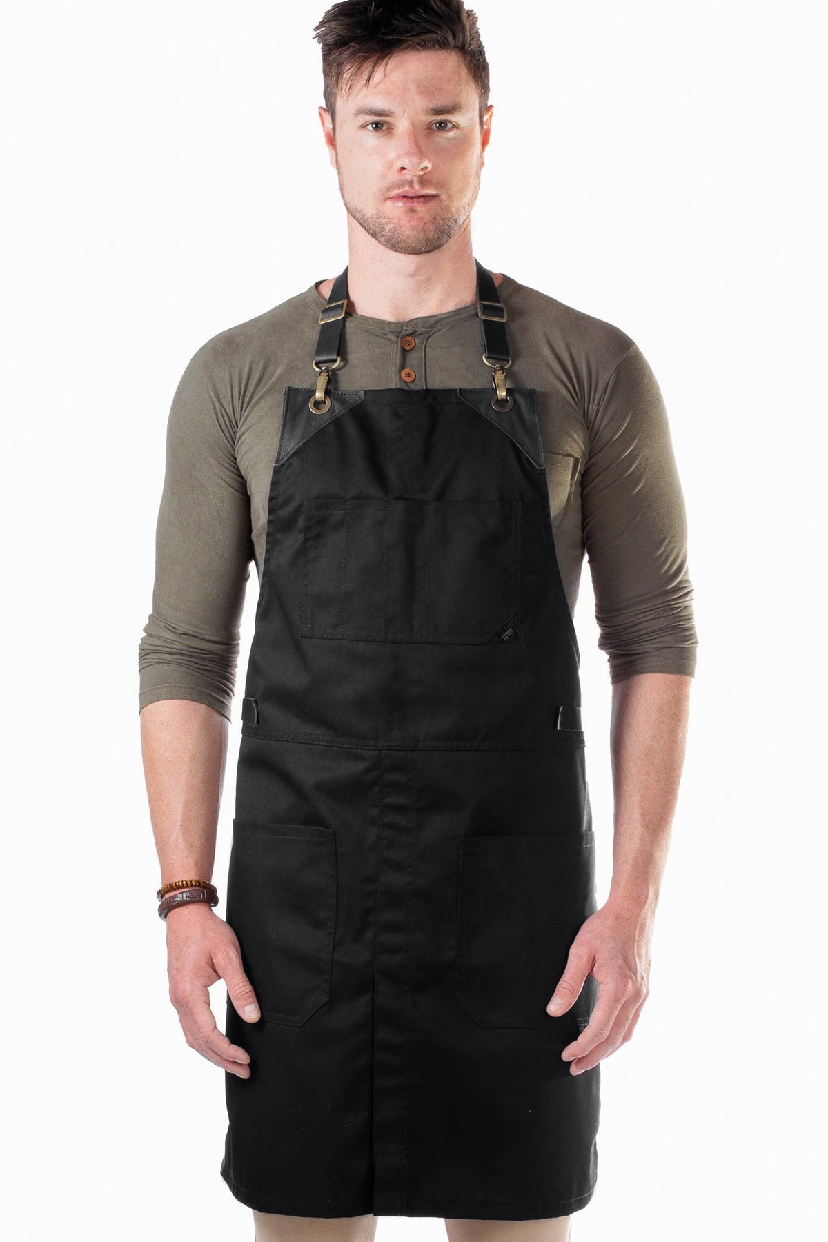 Leather Straps Apron - Twill - Easy-Fastening No-Tie - Chef, Bartender, Shop, Barista  -  Under NY Sky