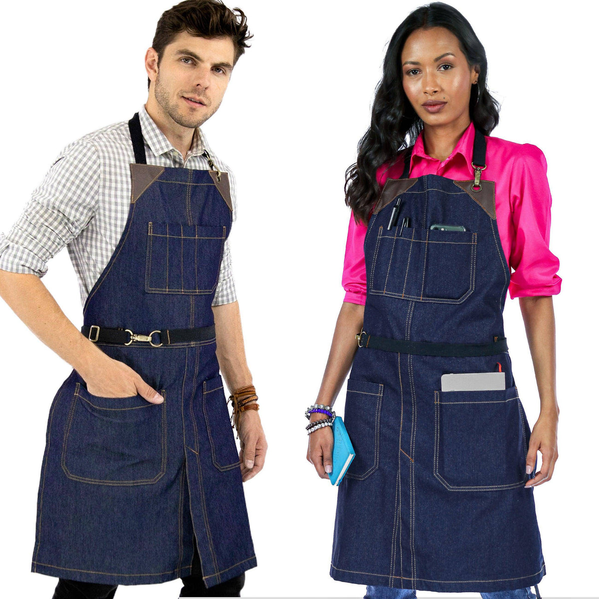 Denim Apron - Easy-Fastening, Leather Trim, Adjustable - Chef, Bartender, BBQ, Shop, Barber, Salon - Under NY Sky