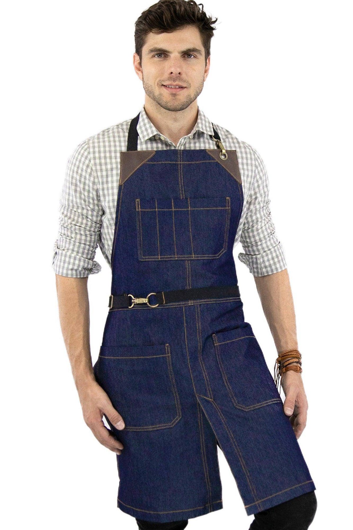 Denim Apron - Easy-Fastening, Leather Trim, Adjustable - Chef, Bartender, BBQ, Shop, Barber, Salon - Under NY Sky