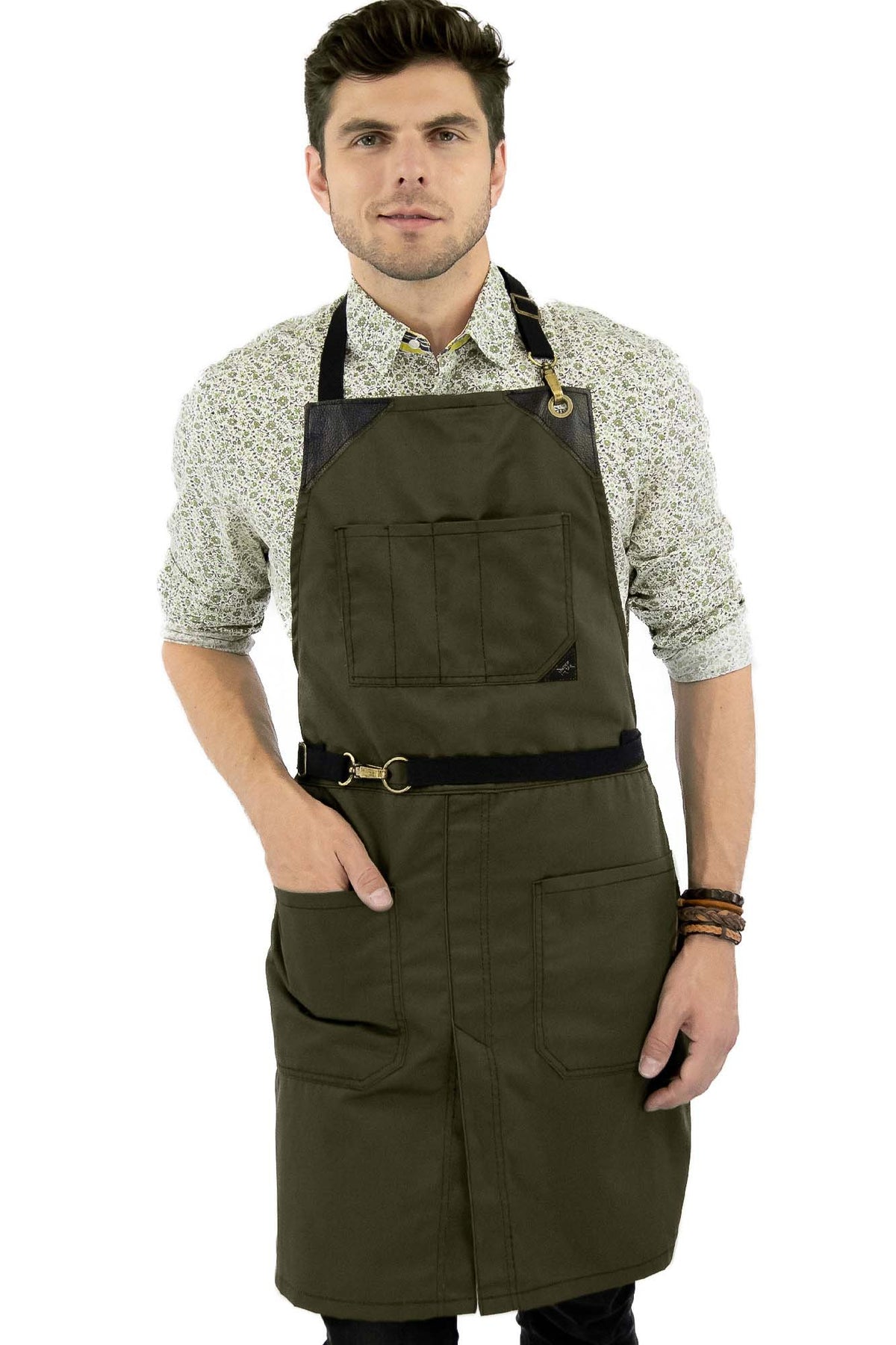 Chef Apron - Twill, No-Tie, Leather Trim, Split - Chef, Bartender, Barista, Grill, Shop - Under NY Sky