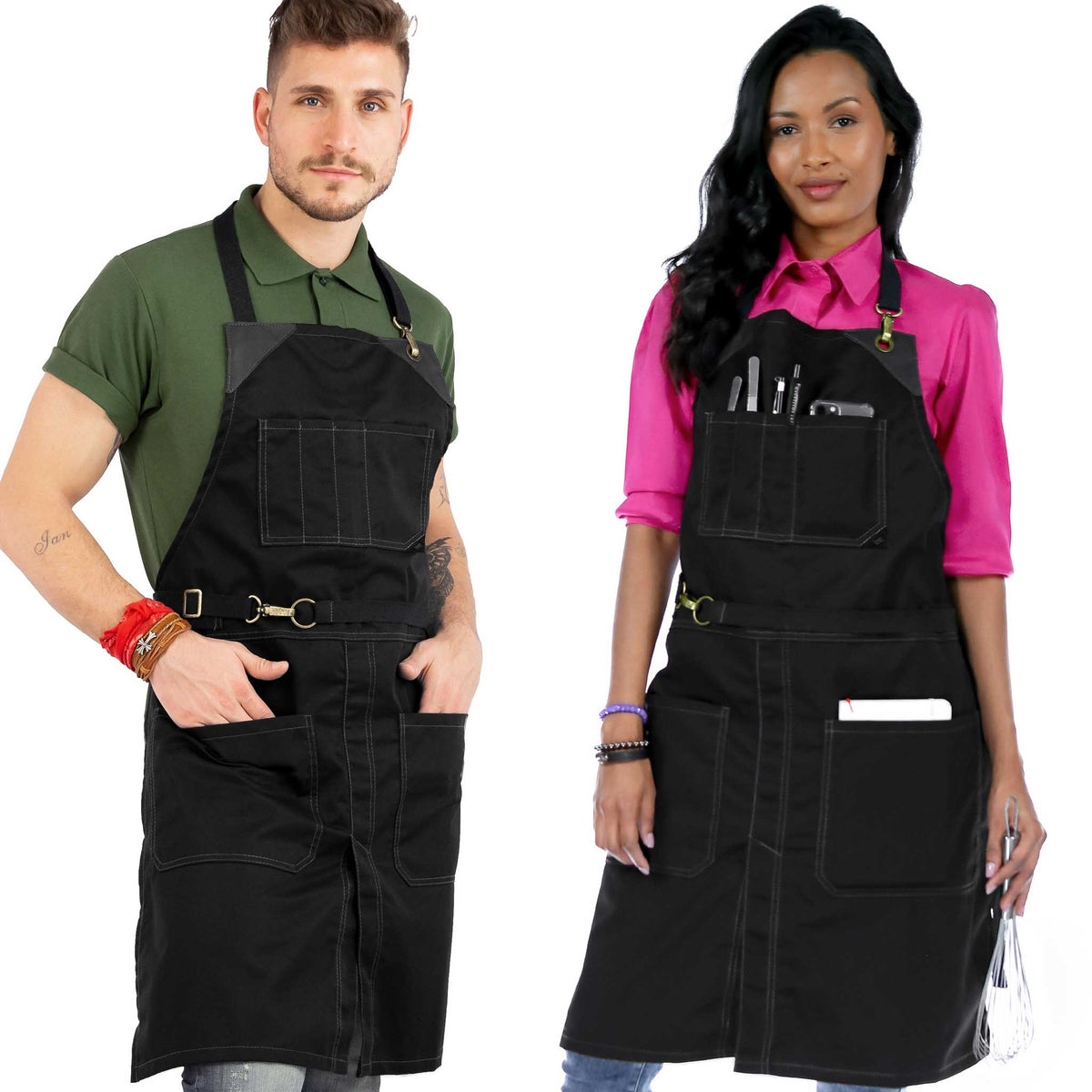 Chef Apron - Twill, No-Tie, Leather Trim, Split - Chef, Bartender, Barista, Grill, Shop - Under NY Sky