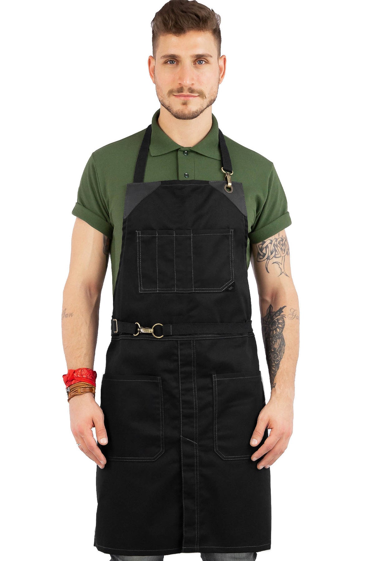 Chef Apron - Twill, No-Tie, Leather Trim, Split - Chef, Bartender, Barista, Grill, Shop - Under NY Sky