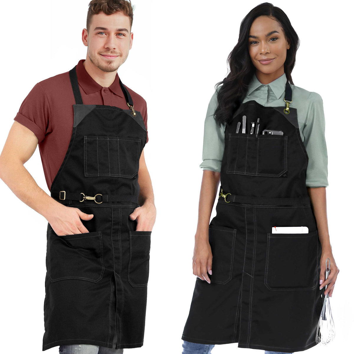 Avental para Chef - Em Sarja, Sem Laços, Acabamento em Couro, Fenda na Perna - Barman, Barista, Churrasqueiro, Comércio -  Under NY Sky