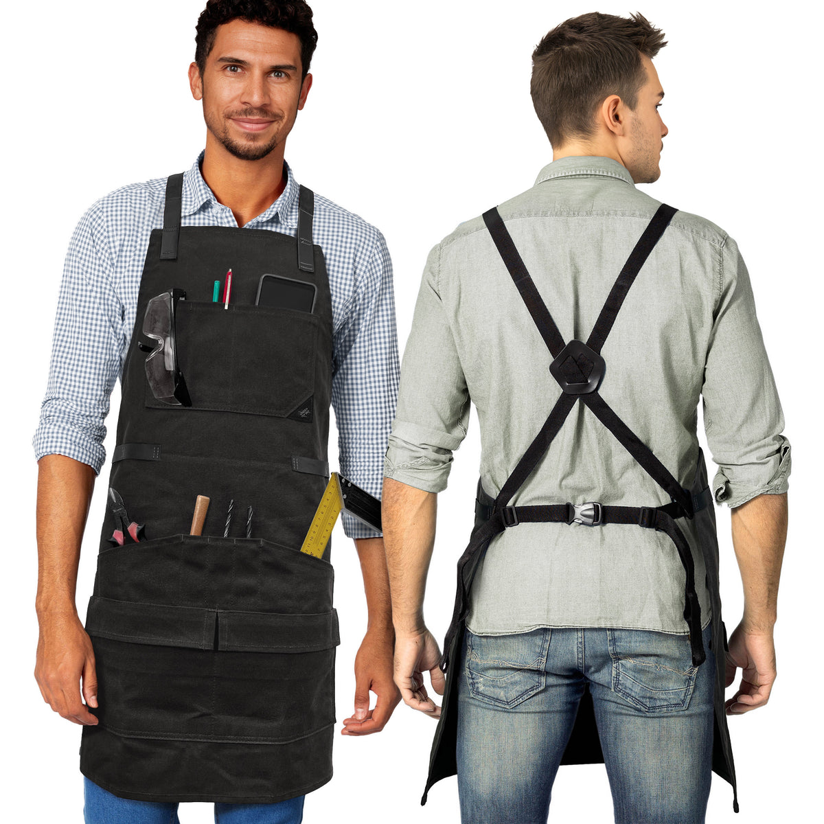 Avental de Marceneiro - 12 bolsos e Alças de Suporte, Lona Encerada, Alças Cruzadas, Reforço de Couro - Carpinteiro, Oficina, Ferramentas - Under NY Sky