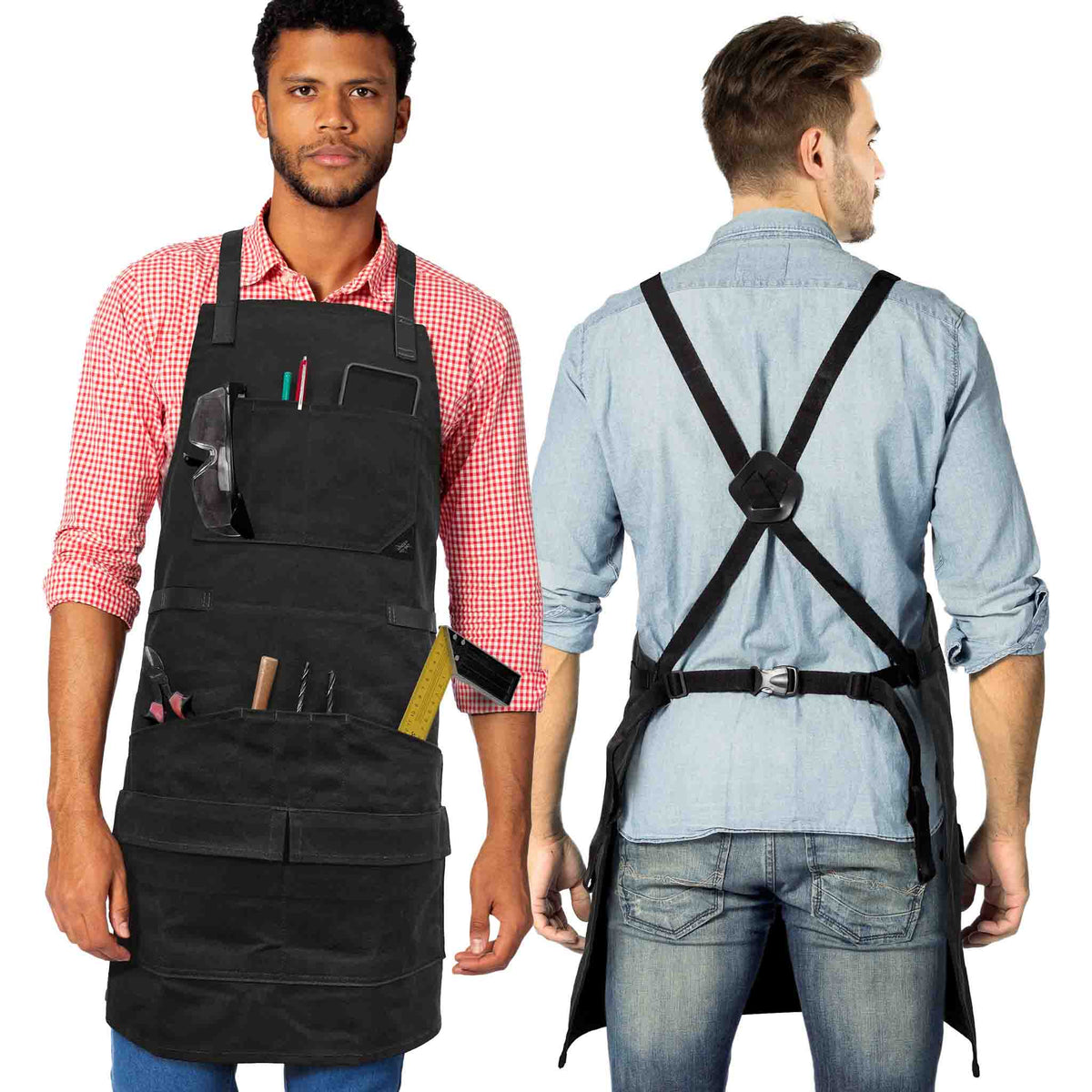 Woodwork Apron - 12 pockets &amp; loops, Waxed Canvas, Cross-Back, Leather Reinforcement - Carpenter, Workshop, Tool - Under Ny Sky