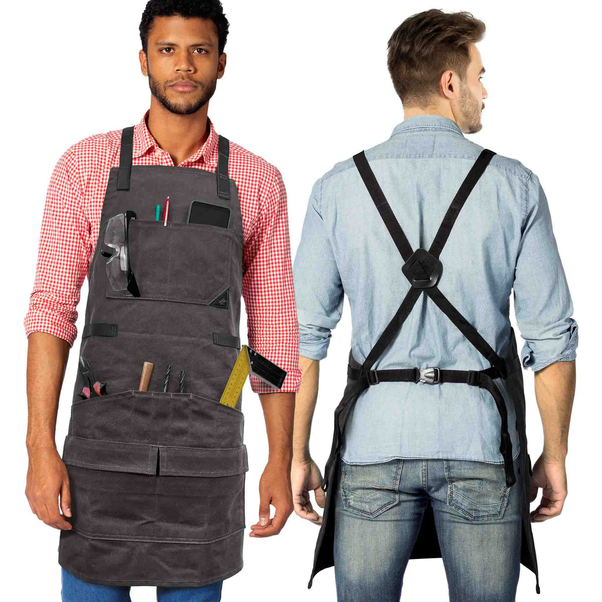 Woodwork Apron - 12 pockets &amp; loops, Waxed Canvas, Cross-Back, Leather Reinforcement - Carpenter, Workshop, Tool - Under Ny Sky