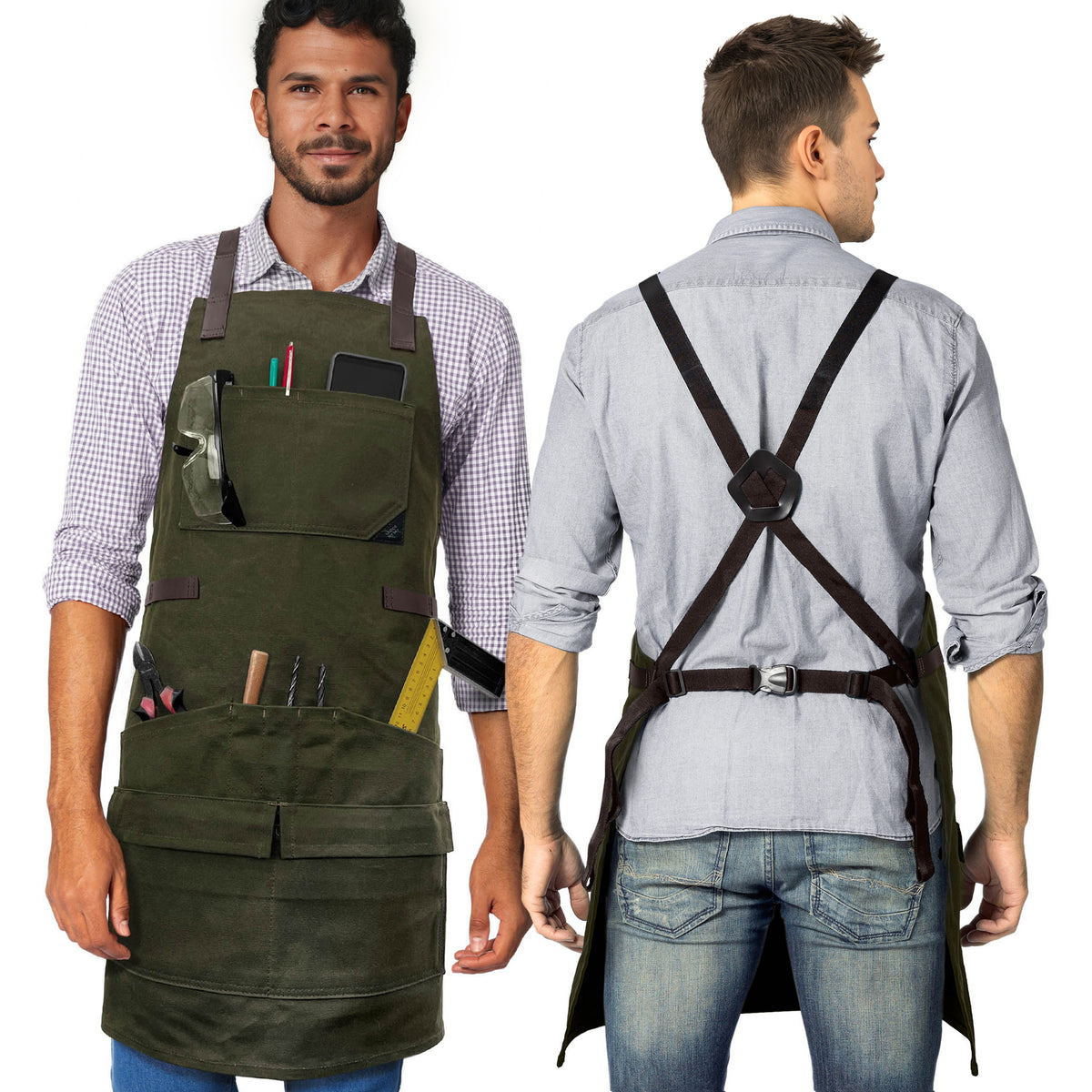 Avental de Marceneiro - 12 bolsos e Alças de Suporte, Lona Encerada, Alças Cruzadas, Reforço de Couro - Carpinteiro, Oficina, Ferramentas - Under NY Sky