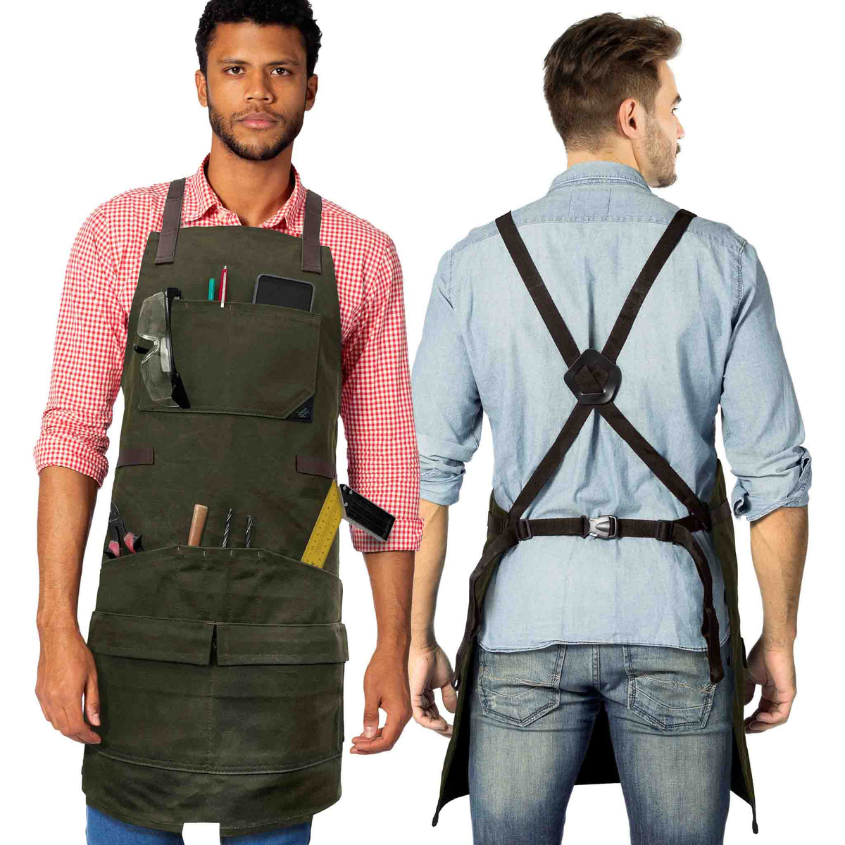 Woodwork Apron - 12 pockets &amp; loops, Waxed Canvas, Cross-Back, Leather Reinforcement - Carpenter, Workshop, Tool - Under Ny Sky