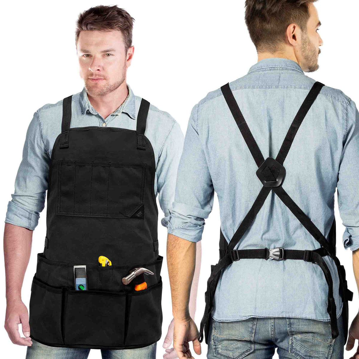 Tool Apron - 20 Pockets &amp; Slots, Cross-Back, Sturdy Waxed Canvas - Under NY Sky