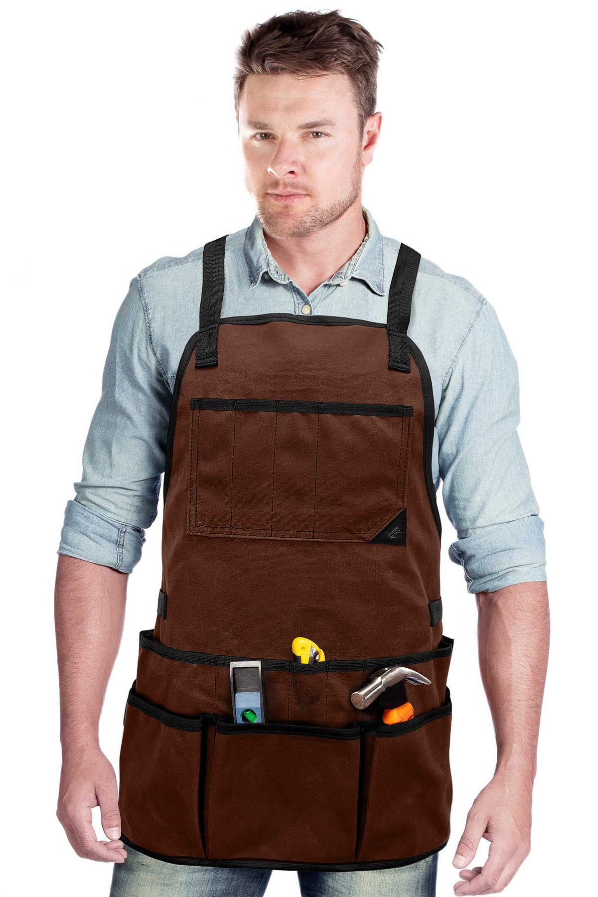 Tool Apron - 20 Pockets &amp; Slots, Cross-Back, Sturdy Waxed Canvas - Under NY Sky