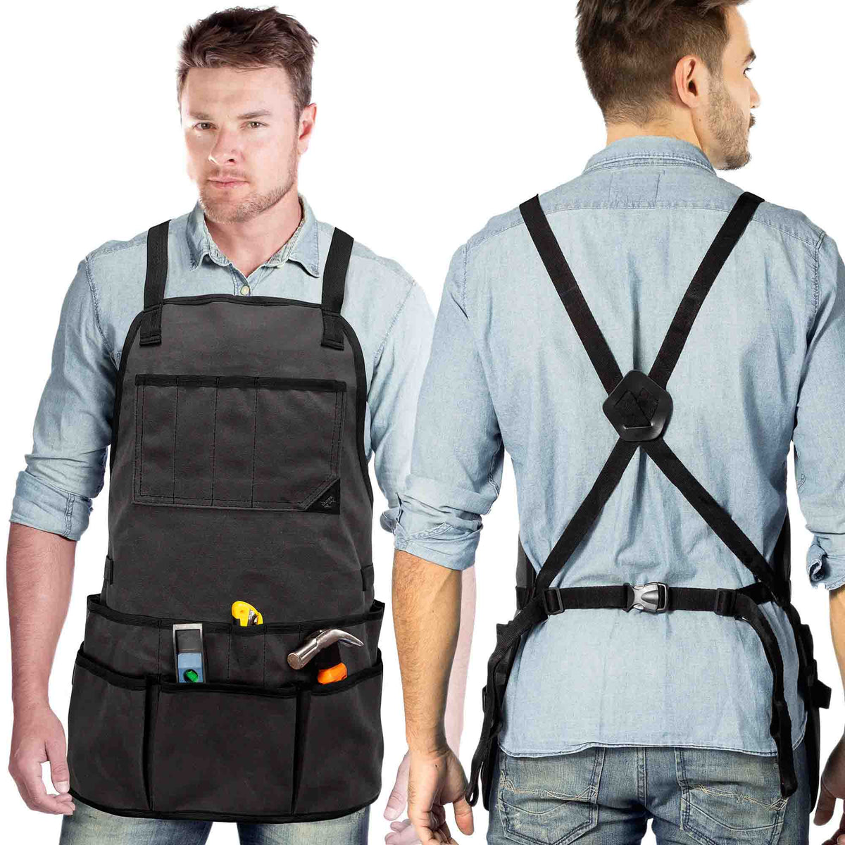 Tool Apron - 20 Pockets &amp; Slots, Cross-Back, Sturdy Waxed Canvas - Under NY Sky