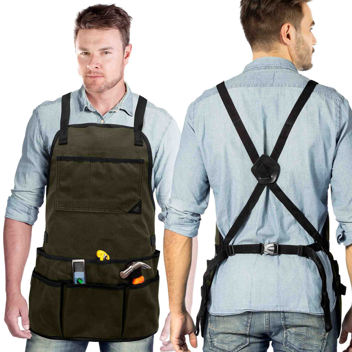 Tool Apron - 20 Pockets &amp; Slots, Cross-Back, Sturdy Waxed Canvas - Under NY Sky