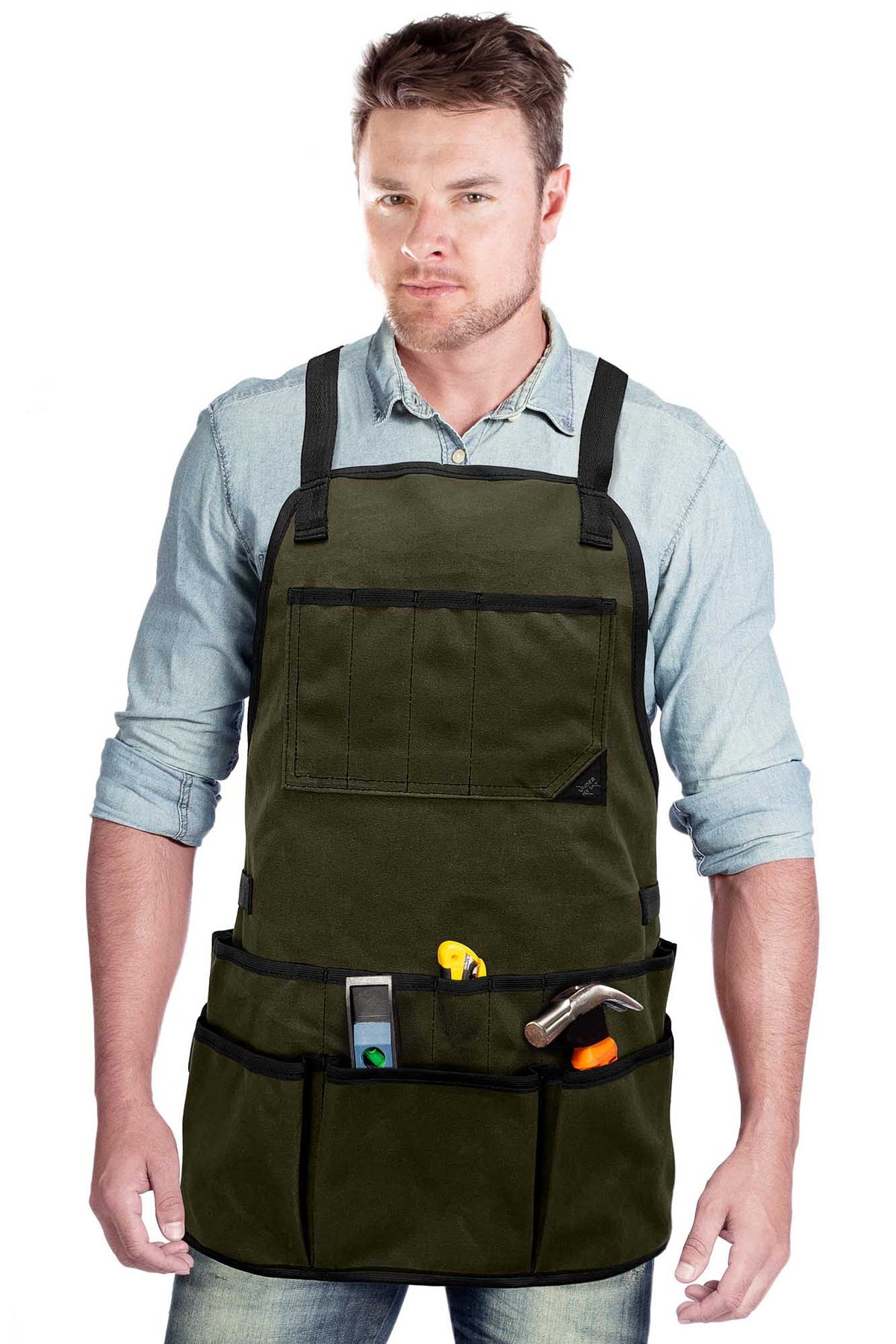 Tool Apron - 20 Pockets &amp; Slots, Cross-Back, Sturdy Waxed Canvas - Under NY Sky