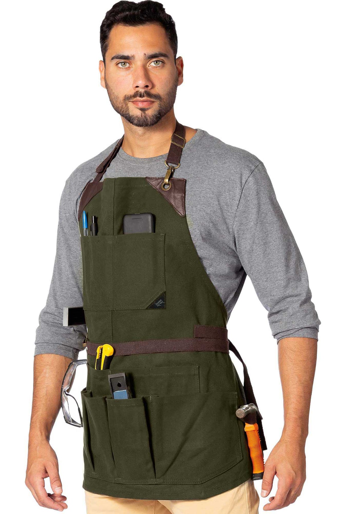 Tool Apron - 12 Pockets, Heavy-Duty Waxed Canvas, Leather Trim, NoTie - Woodwork, Garden, Shop - Under NY Sky