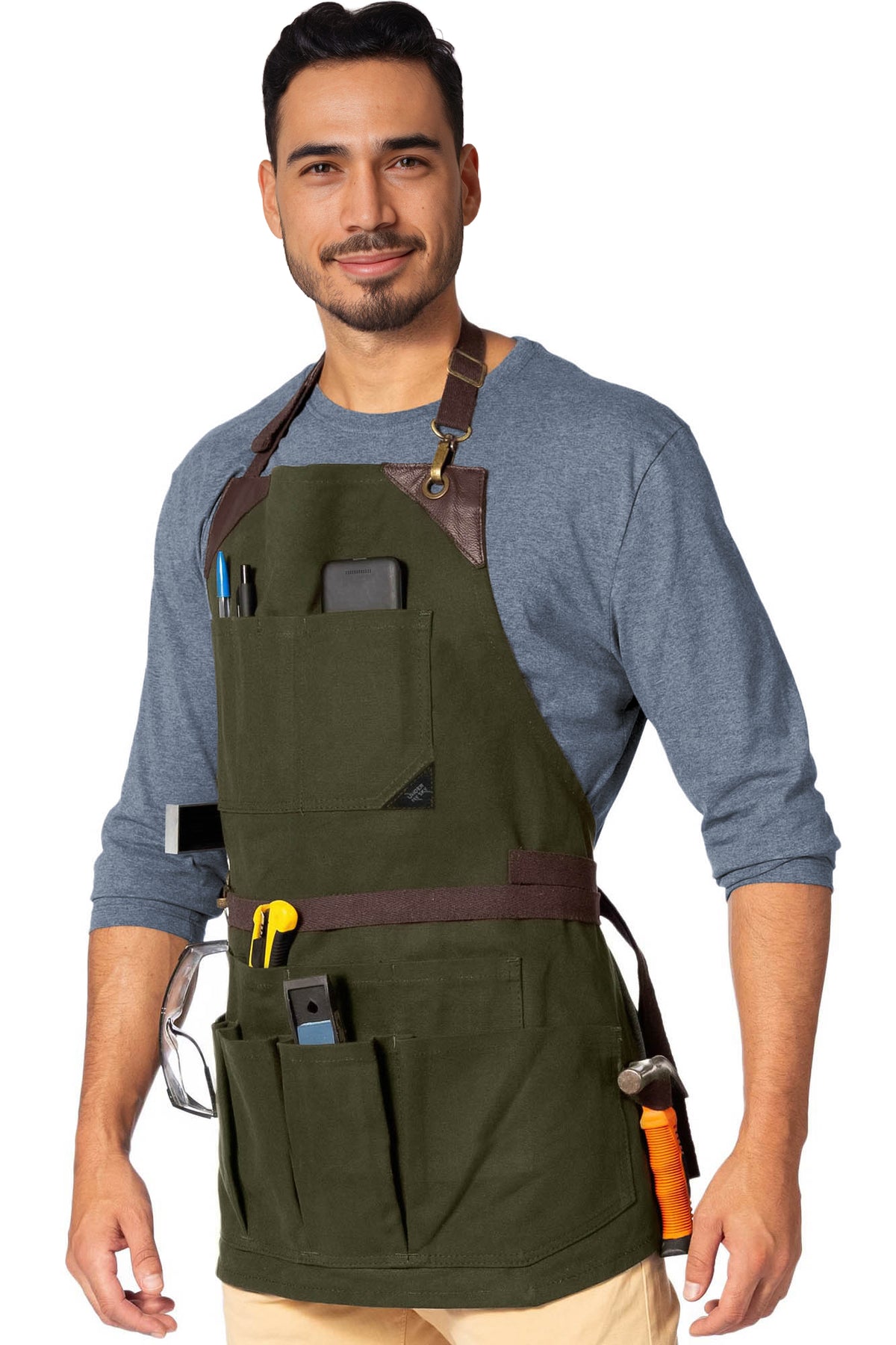 Avental de Ferramentas - 12 Bolsos, Lona Encerada Resistente, Reforço em Couro, Sem laços - Carpinteiro, Jardim, Comércio - Under NY Sky