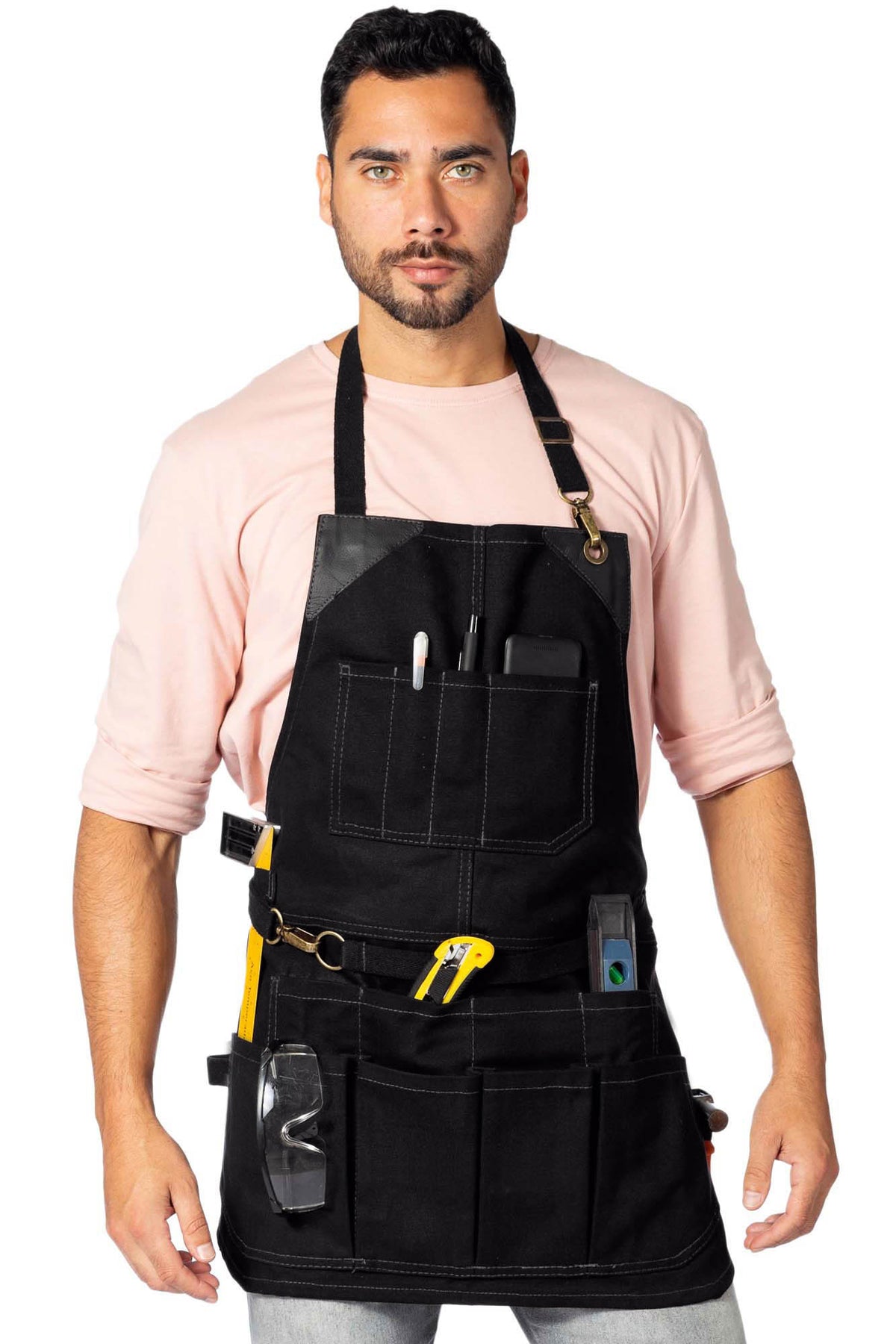 Tool Apron - 12 Pockets, Heavy-Duty Waxed Canvas, Leather Trim, NoTie - Woodwork, Garden, Shop - Under NY Sky