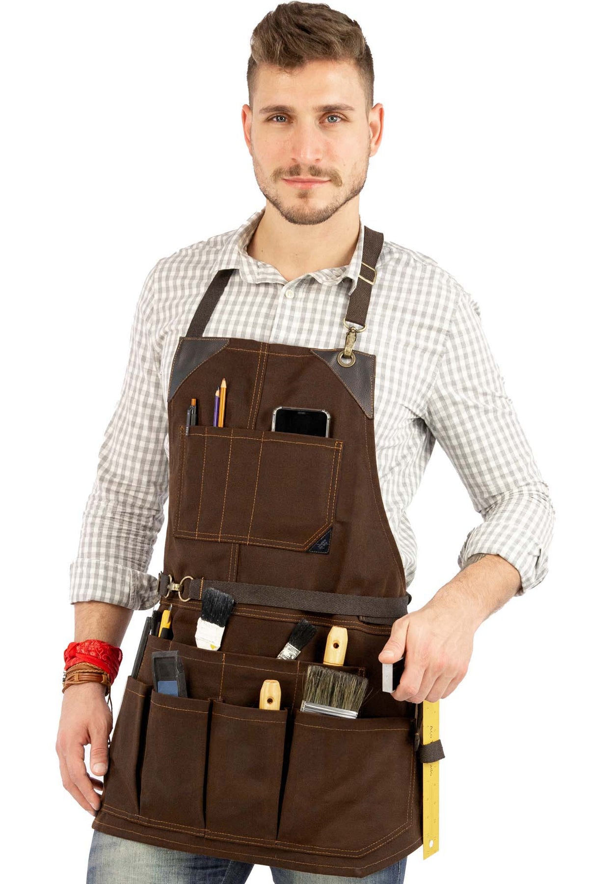 Tool Apron - 12 Pockets, Heavy-Duty Waxed Canvas, Leather Trim, NoTie - Woodwork, Garden, Shop - Under NY Sky