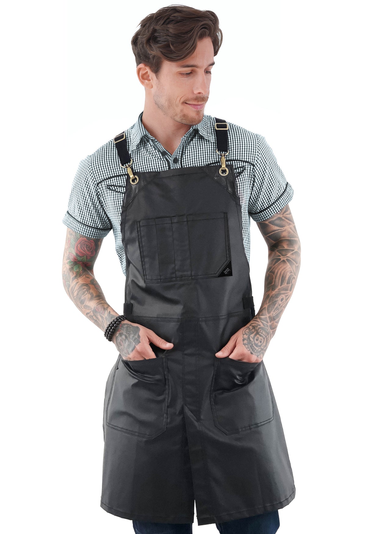 Avental para Salão - Revestido, Resistente à água, Alças Cruzadas, Fenda de Perna - Cabeleireiro, Barbeiro, Tatuador - Under NY Sky