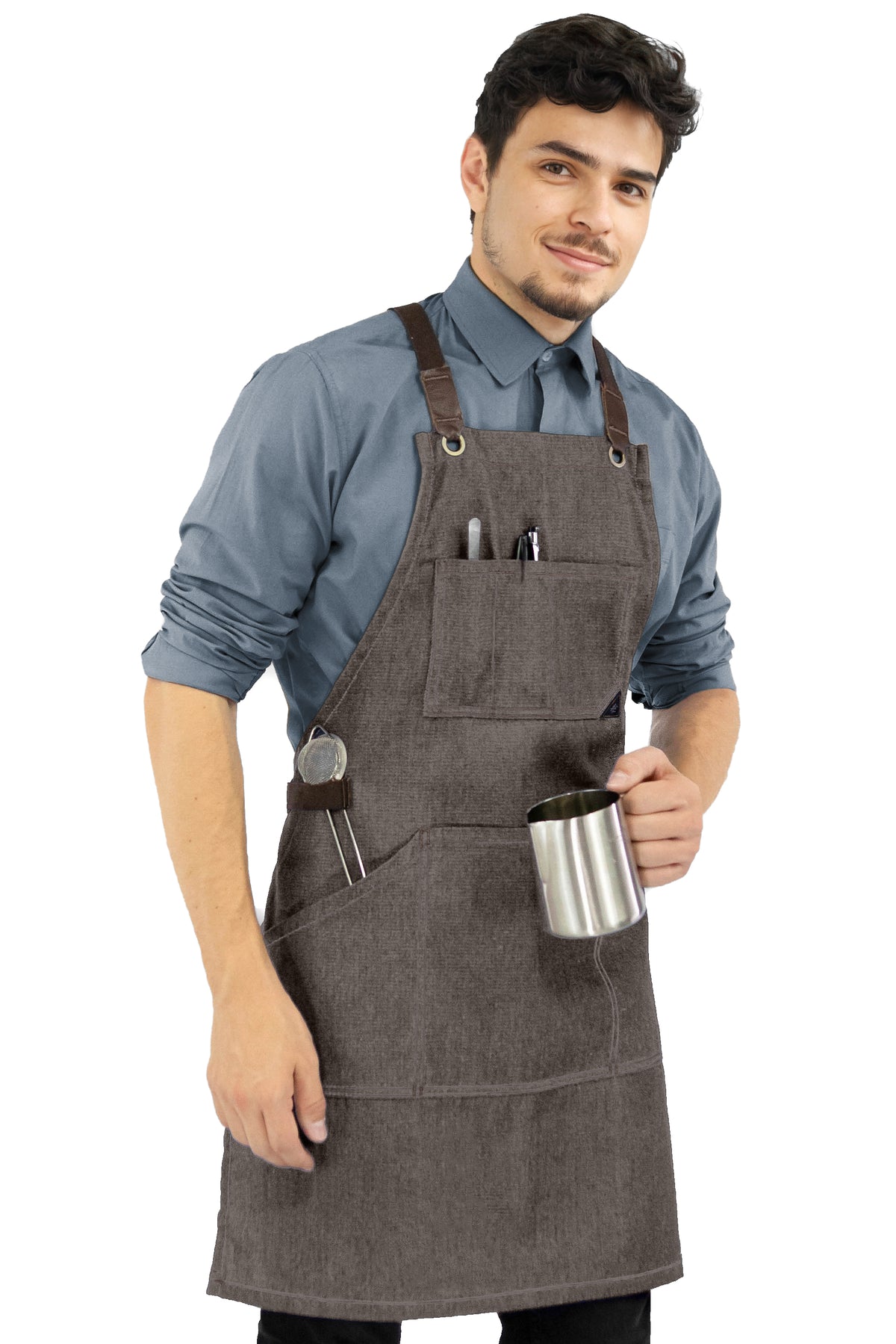 Avental de Trabalho – Jeans ou Sarja Profissional, Acabamento em Couro, Alças Cruzadas, Chef, Bartender, Comércio, Garçom - Under NY Sky