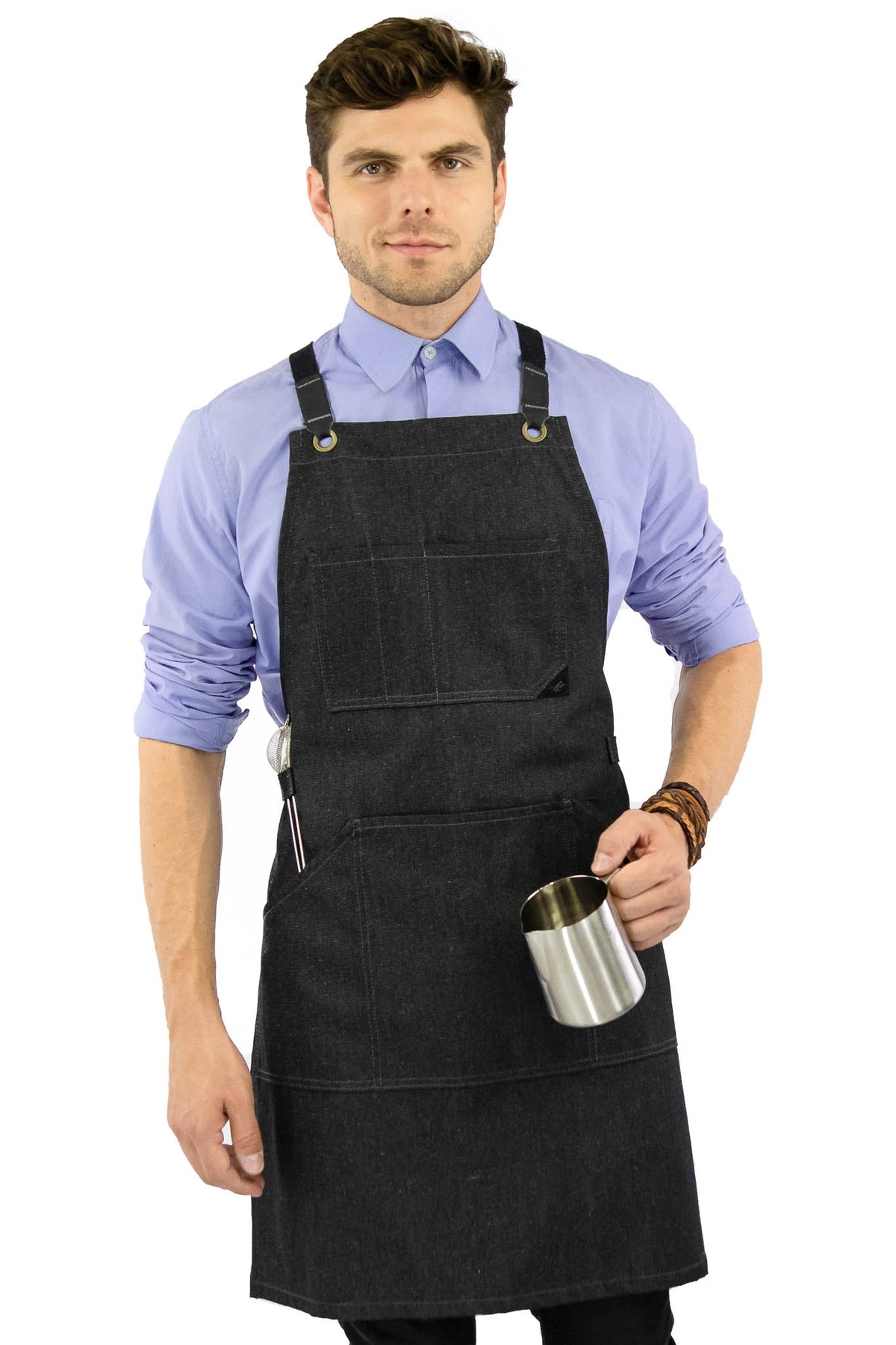 Work Apron - Professional Denim &amp; Twill, Leather Trim, CrossBack, Chef, Bartender, Shop, Server - Under NY Sky