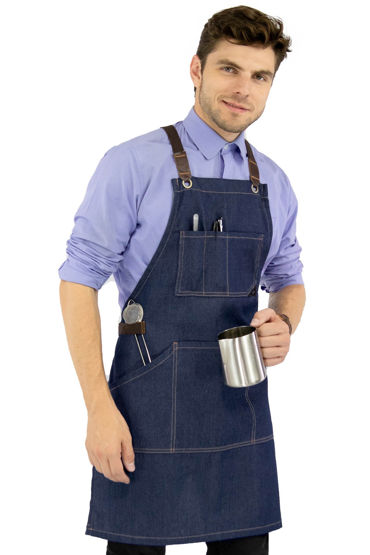 Work Apron - Professional Denim &amp; Twill, Leather Trim, CrossBack, Chef, Bartender, Shop, Server - Under NY Sky