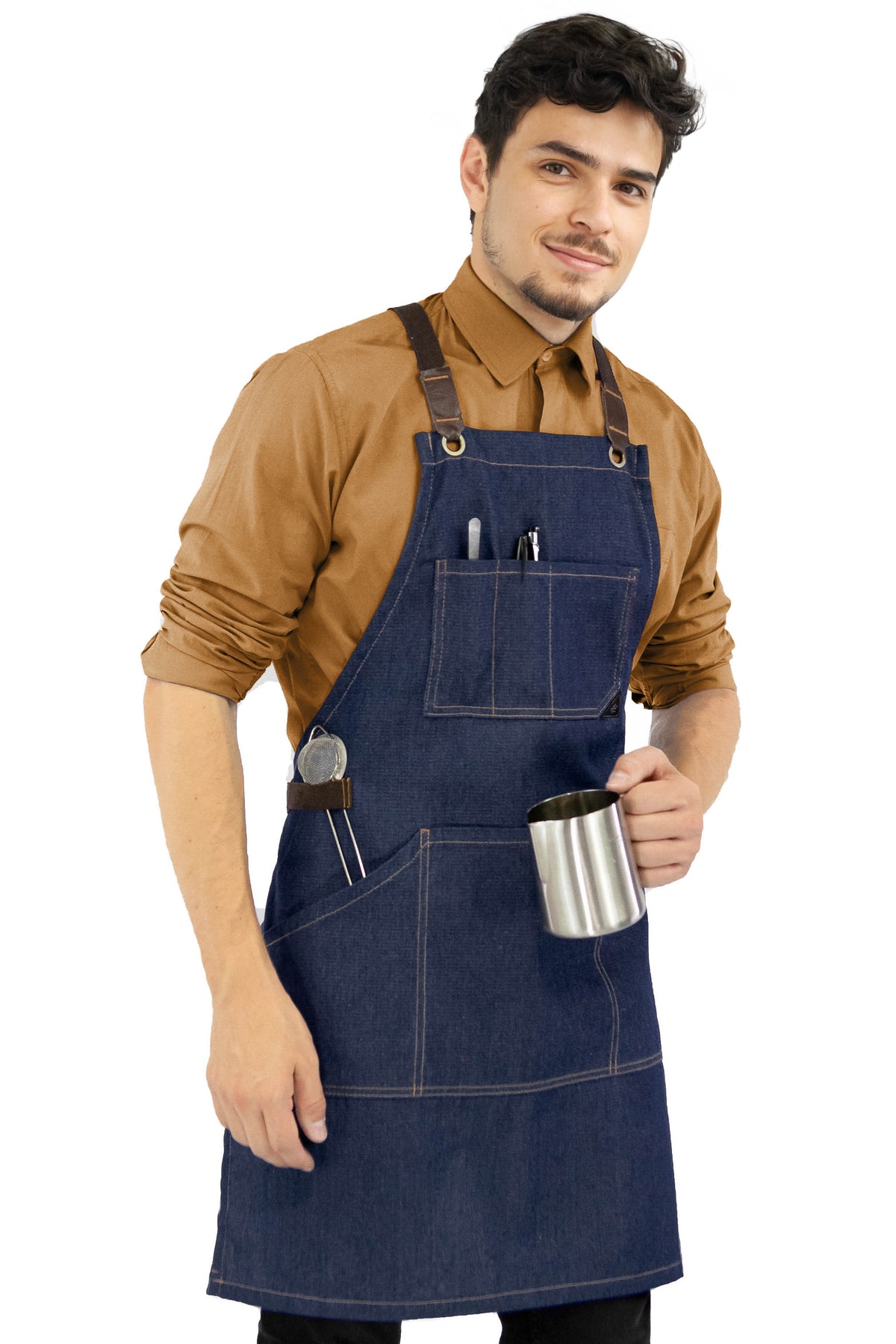 Avental de Trabalho – Jeans ou Sarja Profissional, Acabamento em Couro, Alças Cruzadas, Chef, Bartender, Comércio, Garçom - Under NY Sky