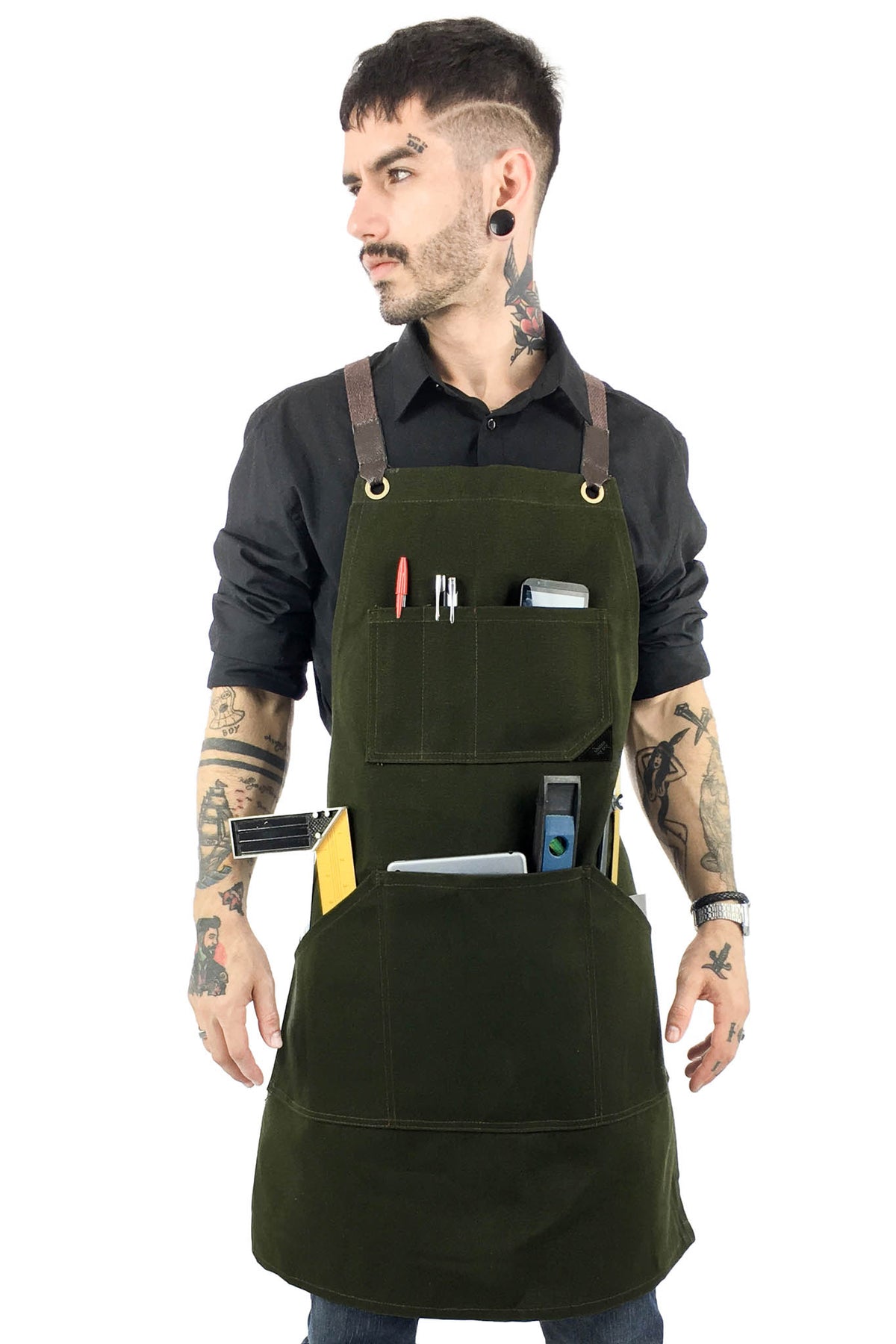 Work Apron - Waxed Canvas, Tool Pockets, CrossBack, Heavy-Duty, Chef, Woodwork, BBQ, Shop - Under NY Sky