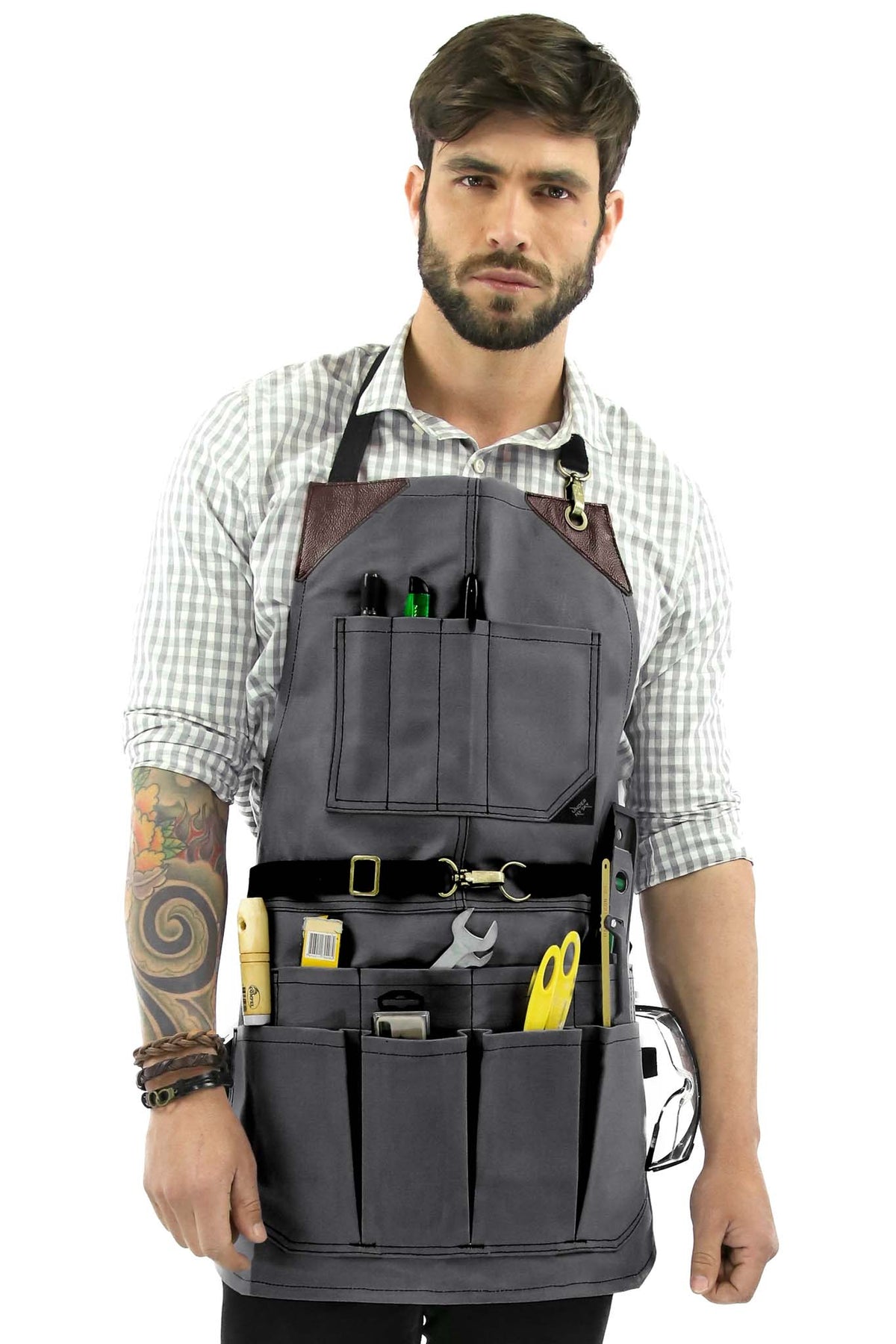 Tool Apron - 12 Pockets, Heavy-Duty Waxed Canvas, Leather Trim, NoTie - Woodwork, Garden, Shop - Under NY Sky