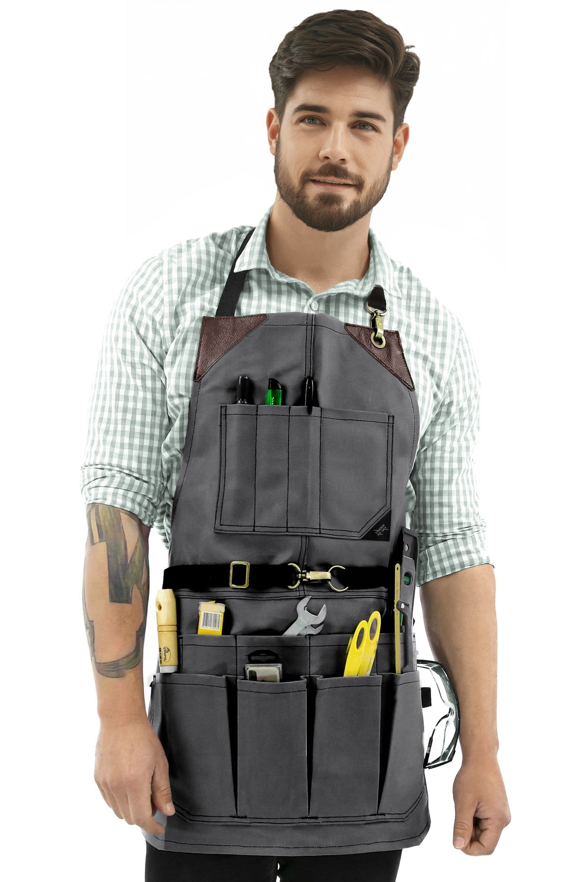 Avental de Ferramentas - 12 Bolsos, Lona Encerada Resistente, Reforço em Couro, Sem laços - Carpinteiro, Jardim, Comércio - Under NY Sky