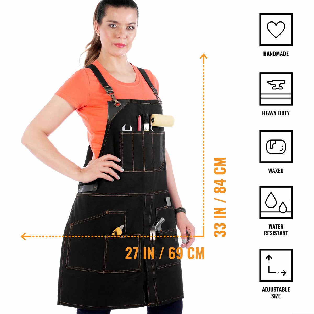 Leather Straps Apron - Denim or Waxed Canvas, CrossBack, Easy-Fastening - Carpenter, Shop, Work - Under NY Sky