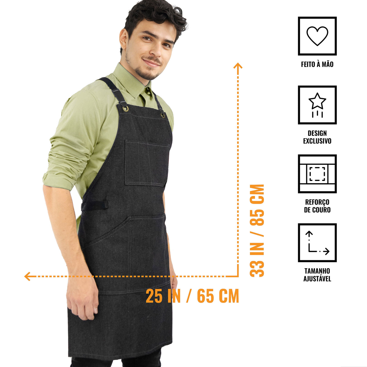 Avental de Trabalho – Jeans ou Sarja Profissional, Acabamento em Couro, Alças Cruzadas, Chef, Bartender, Comércio, Garçom - Under NY Sky