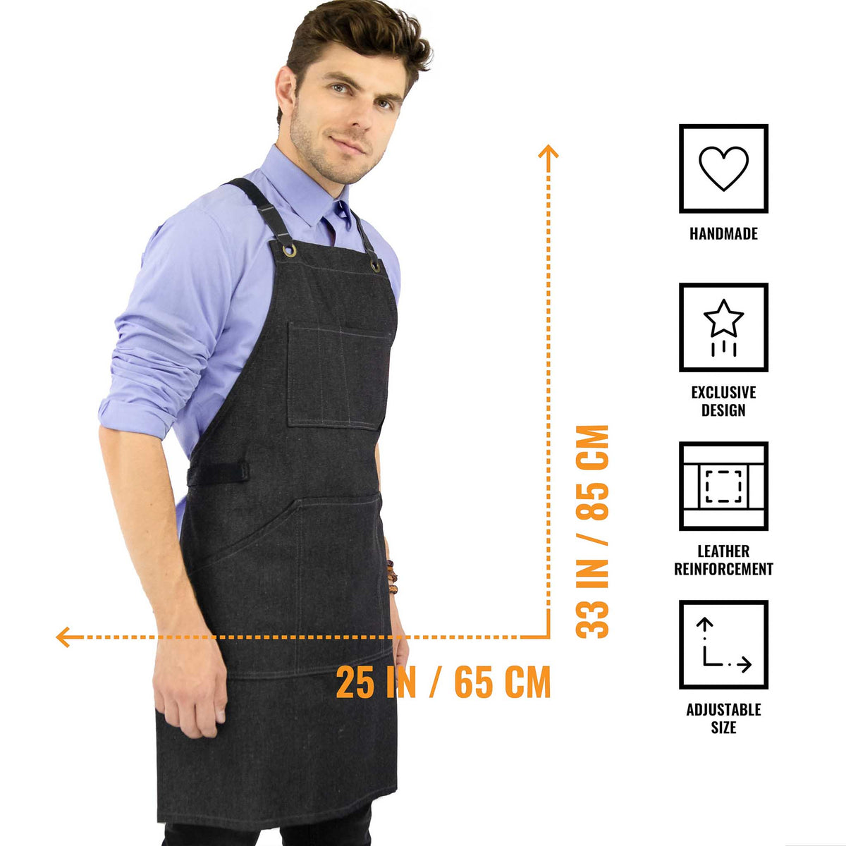 Work Apron - Professional Denim &amp; Twill, Leather Trim, CrossBack, Chef, Bartender, Shop, Server - Under NY Sky