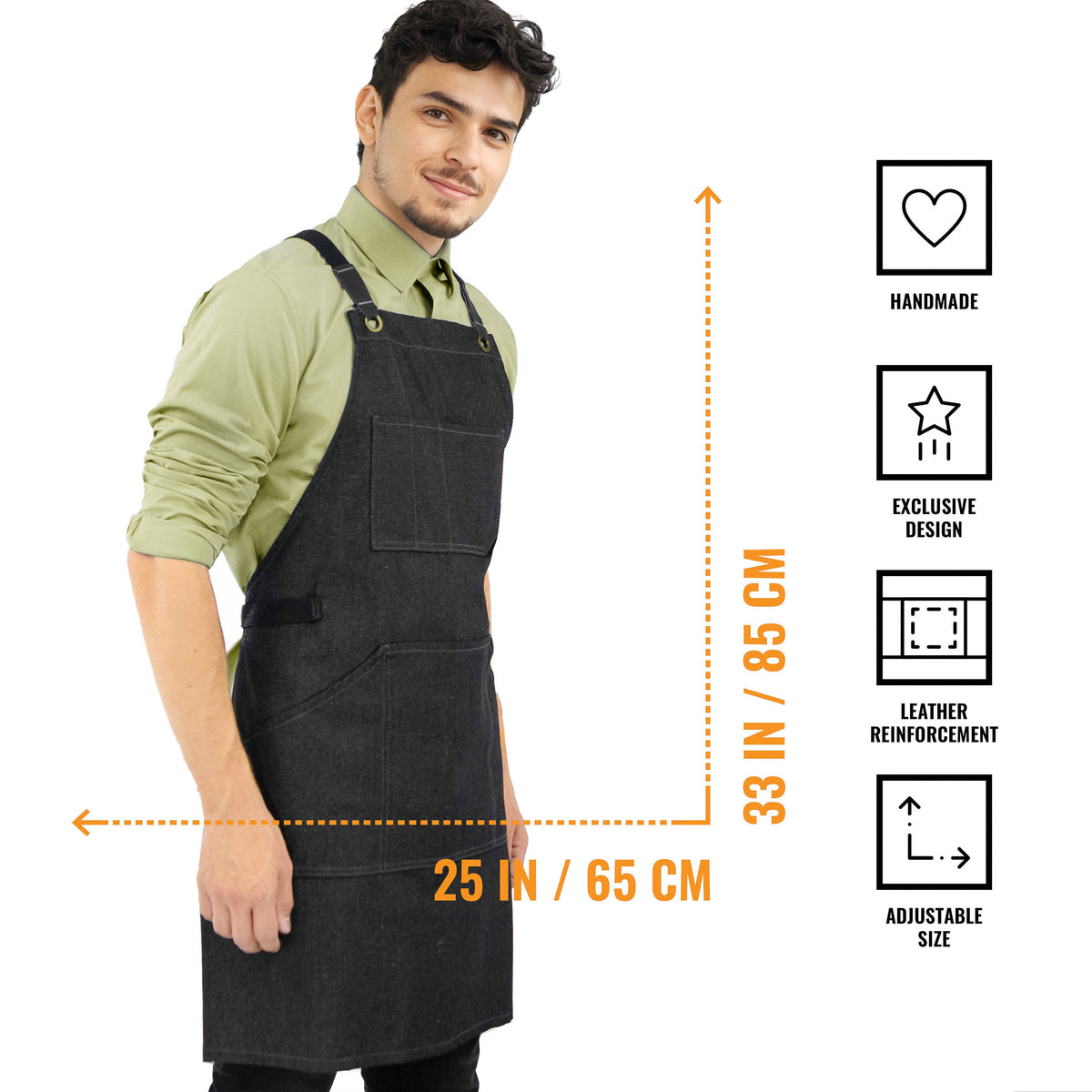 Avental de Trabalho – Jeans ou Sarja Profissional, Acabamento em Couro, Alças Cruzadas, Chef, Bartender, Comércio, Garçom - Under NY Sky