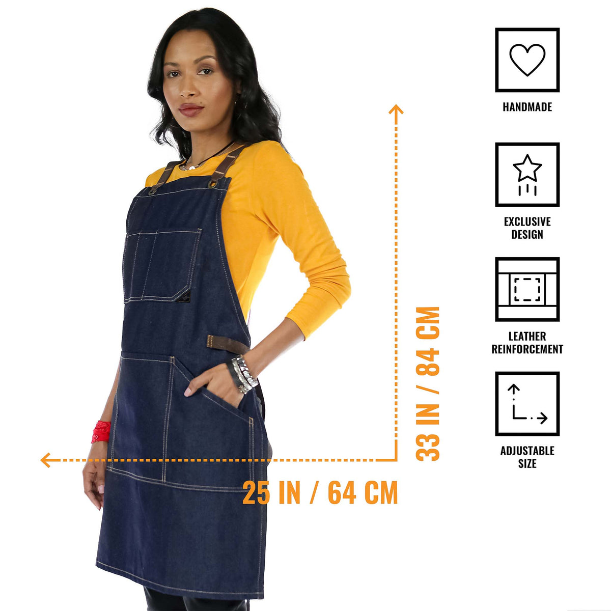 Work Apron - Professional Denim &amp; Twill, Leather Trim, CrossBack, Chef, Bartender, Shop, Server - Under NY Sky