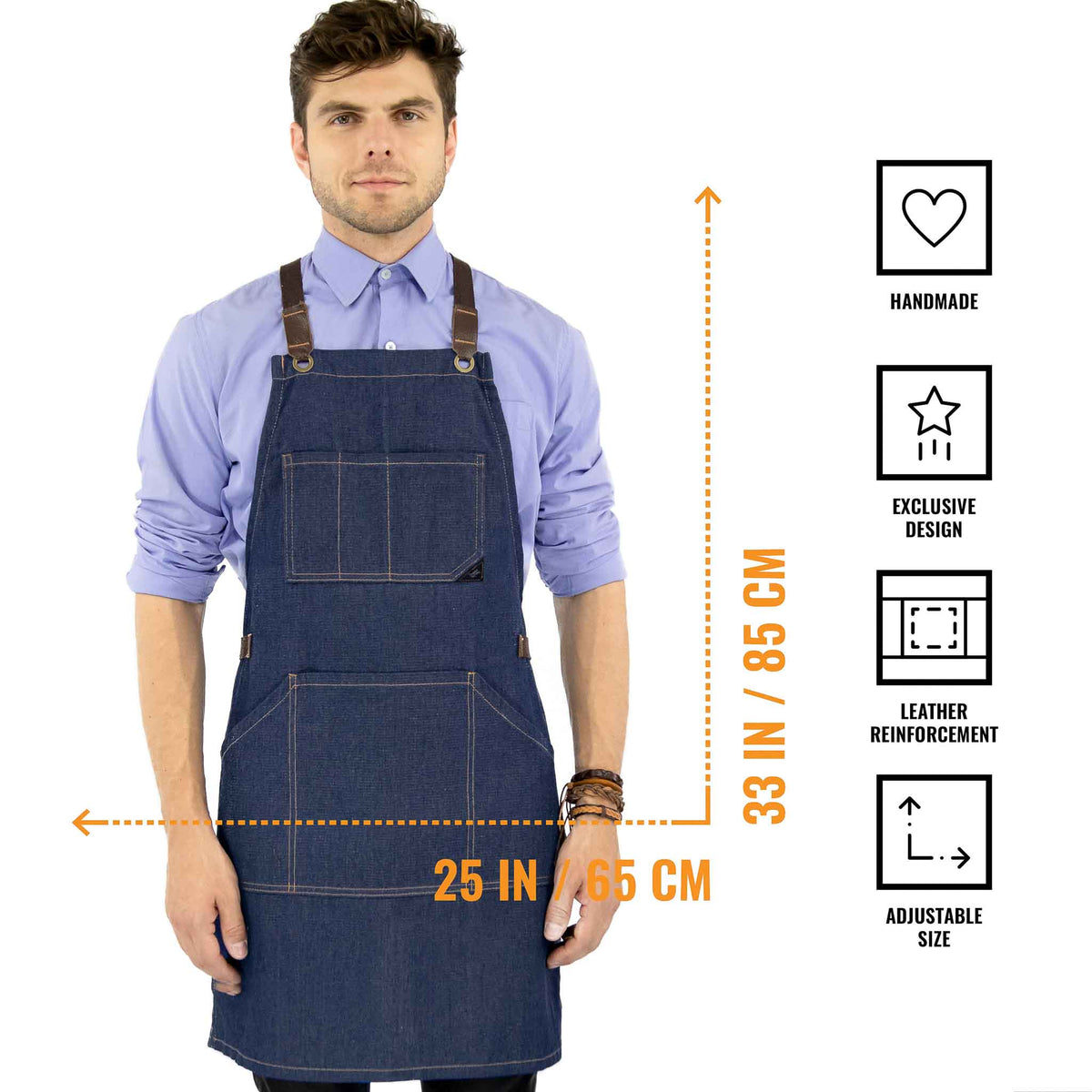 Work Apron - Professional Denim &amp; Twill, Leather Trim, CrossBack, Chef, Bartender, Shop, Server - Under NY Sky