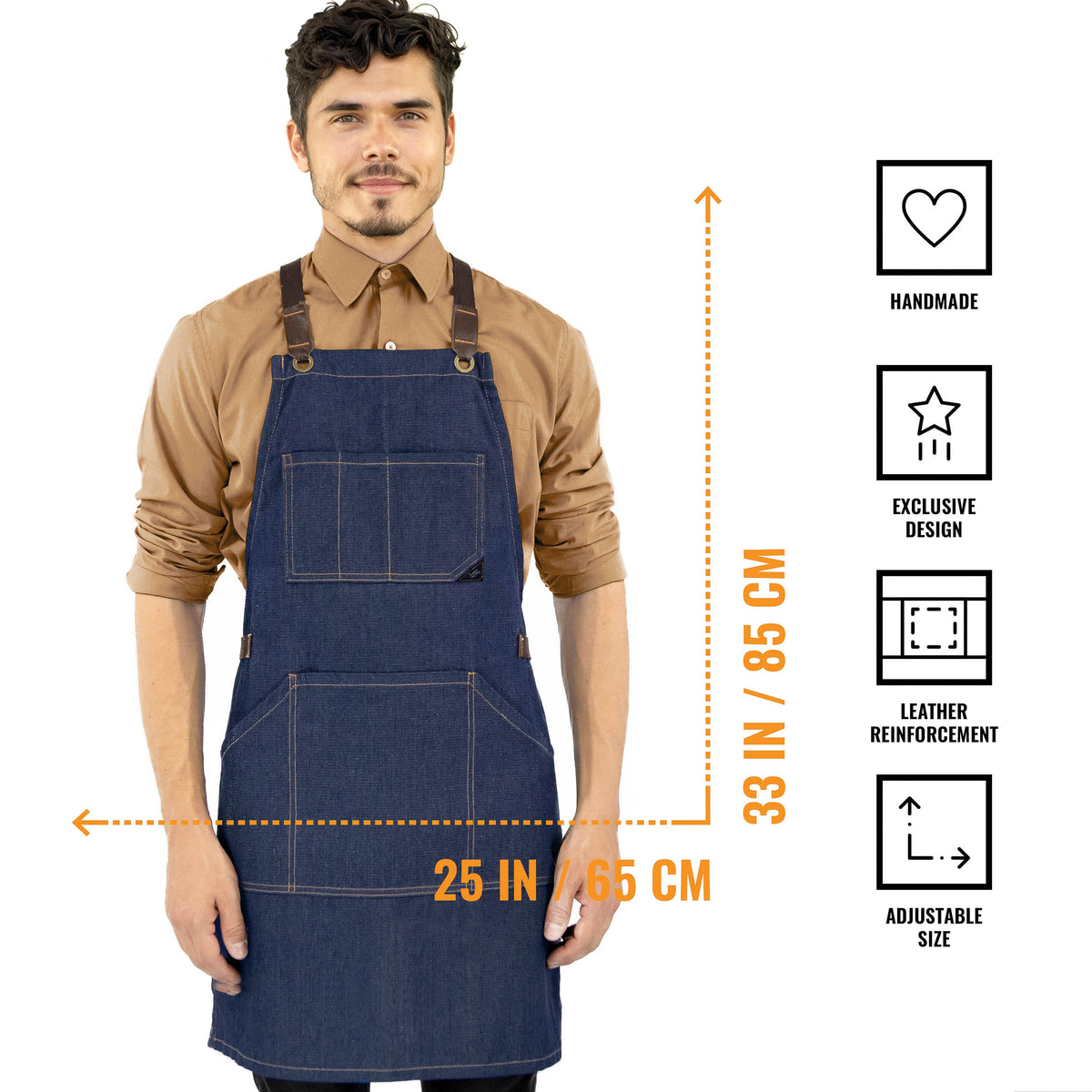 Avental de Trabalho – Jeans ou Sarja Profissional, Acabamento em Couro, Alças Cruzadas, Chef, Bartender, Comércio, Garçom - Under NY Sky