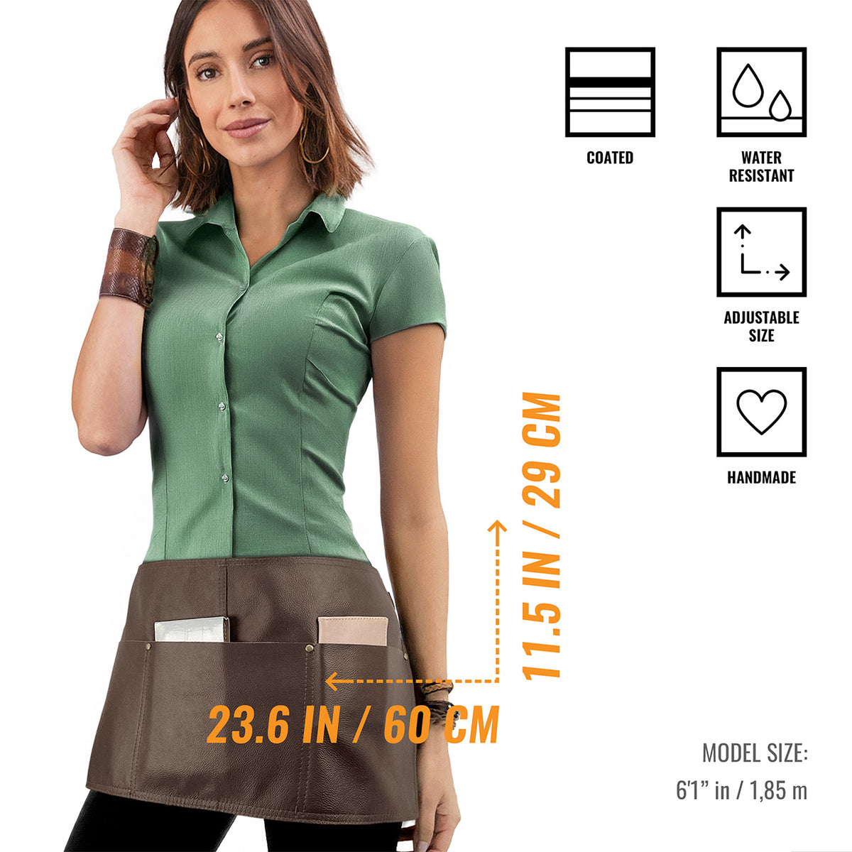 Genuine Leather Half Apron - Big Pockets - Adjustable - Restaurant, Barista, Shop, Salon, Bartender, Server, Waiter -  Under NY Sky