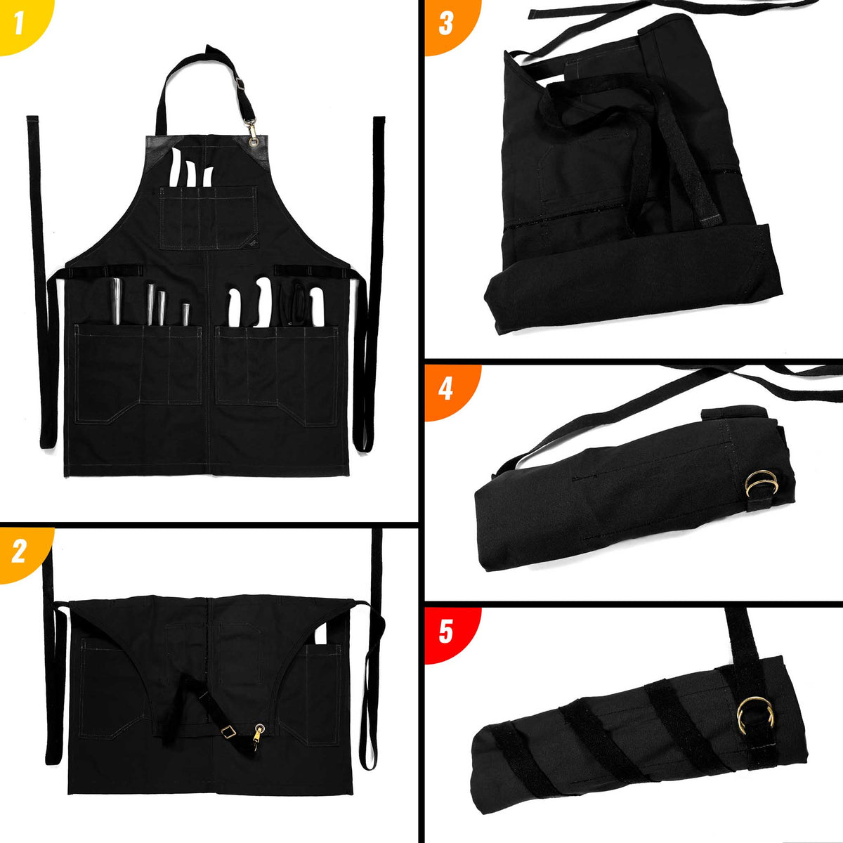 Utility Apron - Heavy-Duty Canvas, Folds into Knife Roll, Leather Trim - Chef, BBQ, Butcher - Under NY Sky 