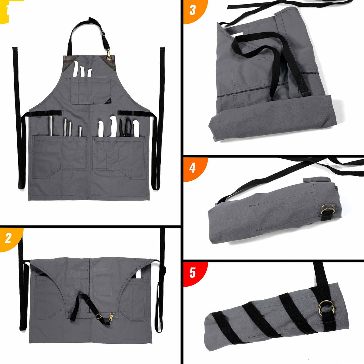 Utility Apron - Heavy-Duty Canvas, Folds into Knife Roll, Leather Trim - Chef, BBQ, Butcher - Under NY Sky 