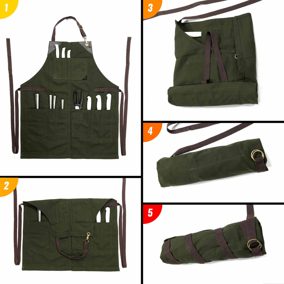 Utility Apron - Heavy-Duty Canvas, Folds into Knife Roll, Leather Trim - Chef, BBQ, Butcher - Under NY Sky 