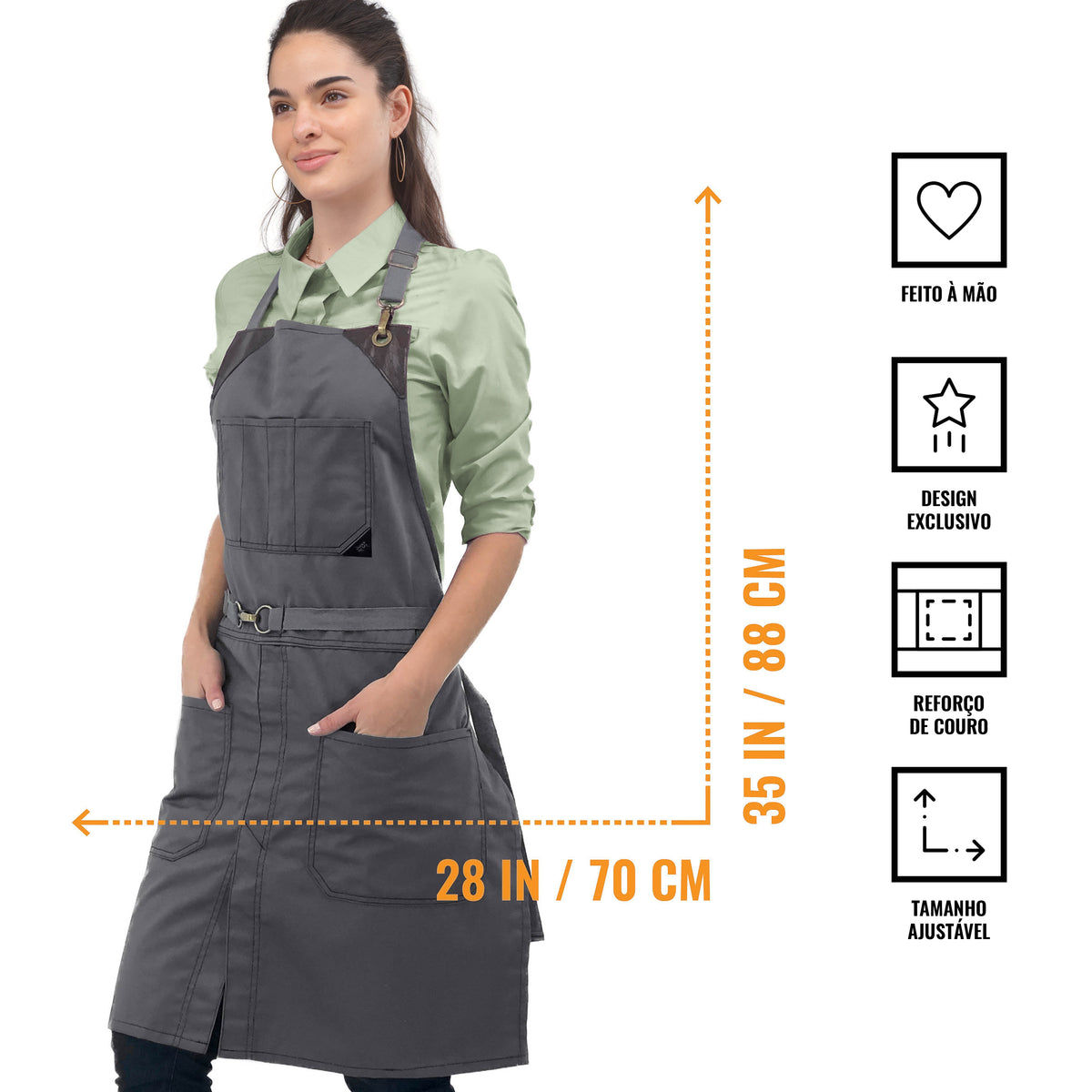 Avental para Chef - Em Sarja, Sem Laços, Acabamento em Couro, Fenda na Perna - Barman, Barista, Churrasqueiro, Comércio -  Under NY Sky